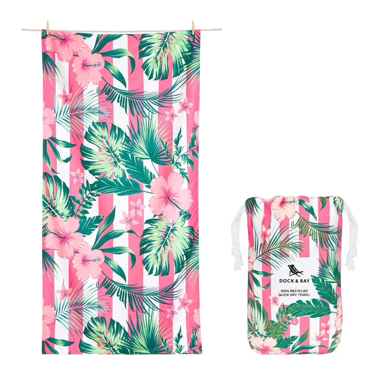Dock & Bay Lightweight Beach Towel - Quick Dry, Sand Free - 100% Recycled - Includes Bag - Botanical - Heavenly Hibiscus - Large (160x90cm, 63x35)