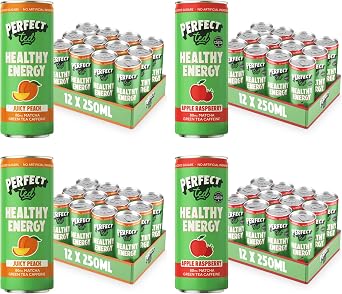 PerfectTed Sparkling Healthy Energy Drink Cans, All-Natural Green Tea Caffeine & L-Theanine | Vegan | Gluten-Free 48 Pack, Apple Raspberry, Juicy Peach