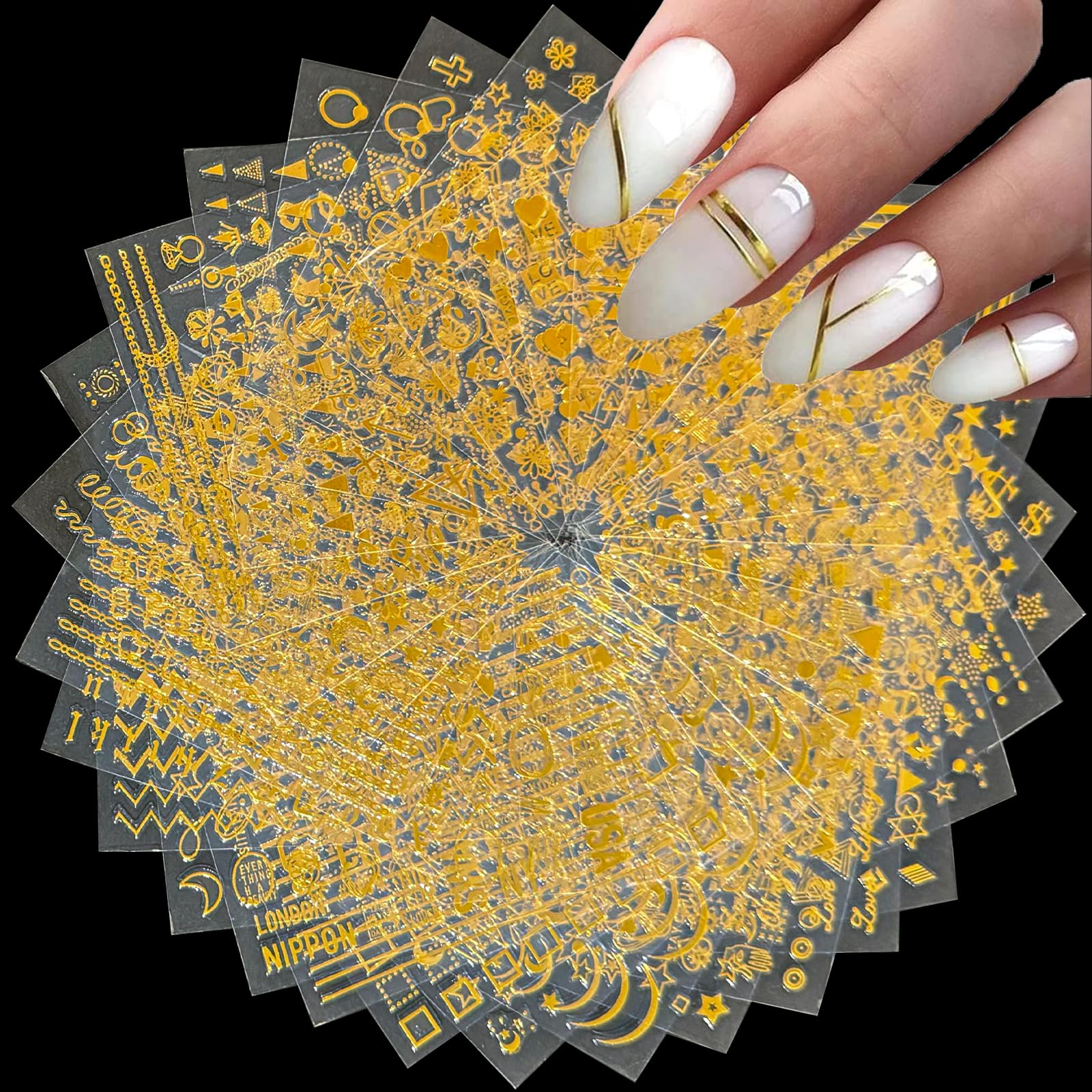 30 Sheets Gold Nail Stickers Decals Gold Star Moon Line Nail Art Stickers 3D Self-Adhesive Nail Decals for Nail Art Leaf Flower Nail Design