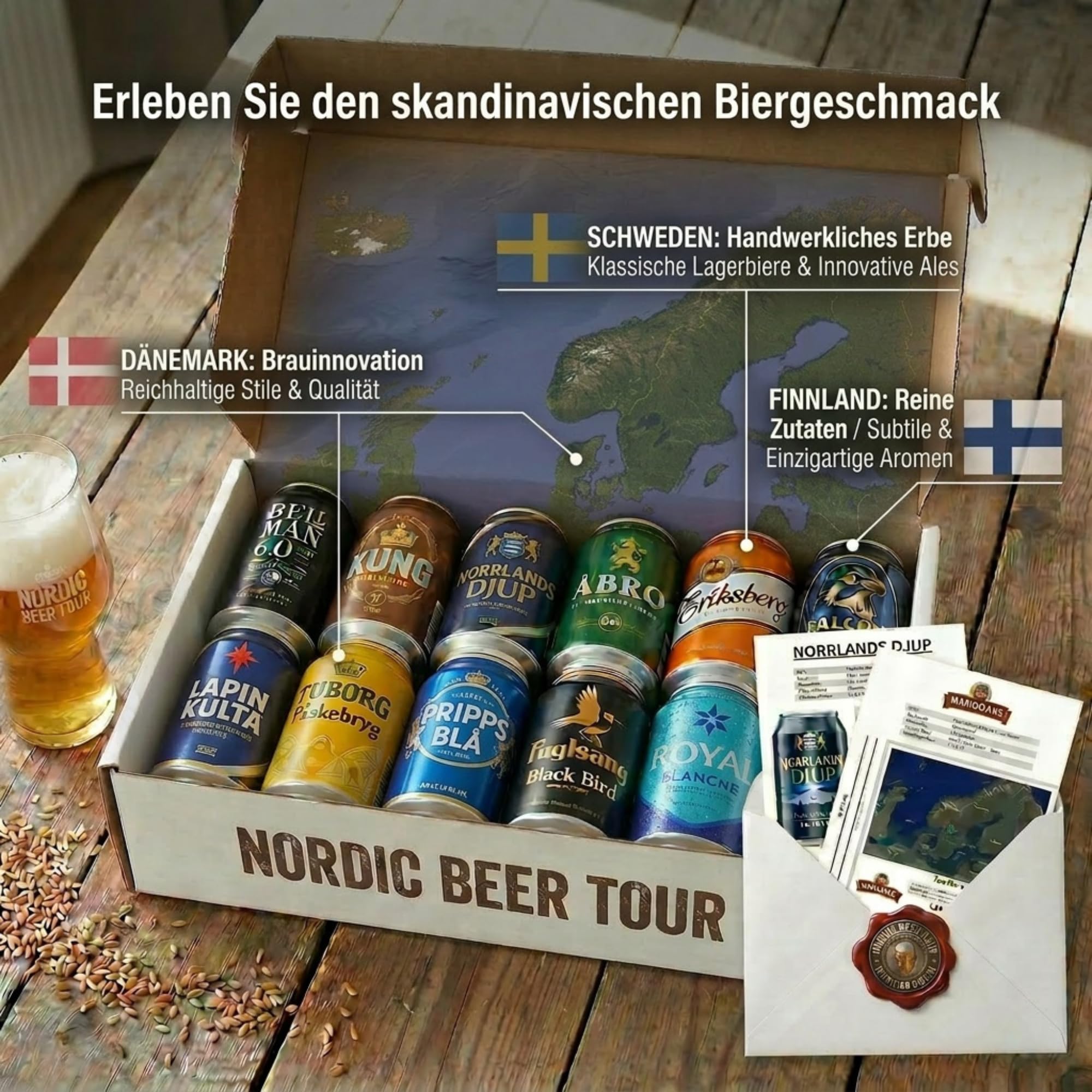 Nohawa Nordic Beer Tour Bier Probierpaket 12 x 0,33 l – Skandinavisches Beer Geschenkset mit 10 festen + 2 saisonalen Sorten – Bier Geschenkbox aus Dänemark, Schweden, Finnland