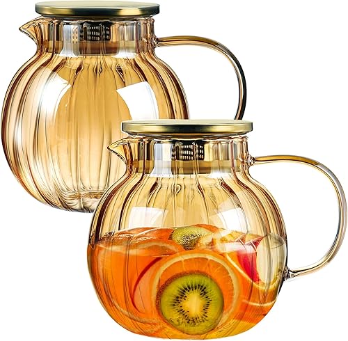 Yarlung Paquete de 2 teteras de vidrio de 44 onzas, aptas para estufas, tetera de vidrio de borosilicato ámbar con tapa de filtro de acero