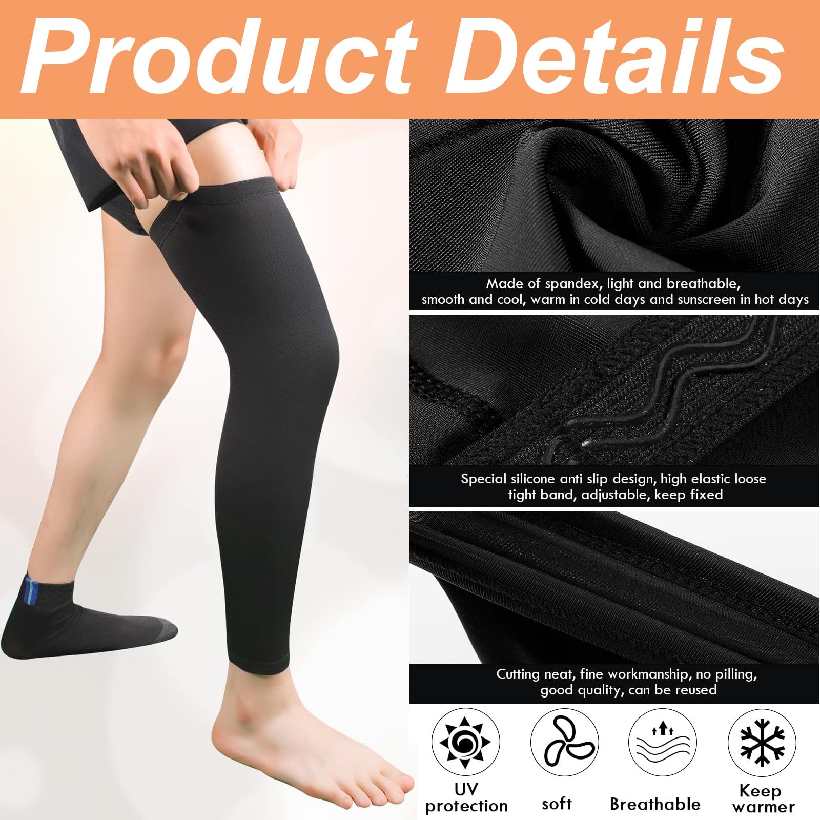 PIMXL 2 Pares Calentadores de Compresión para la Rodilla, Calcetines de Compresión, Mangas de Pierna de Compresión Mangas de Longitud Completa Mangas para Unisex, Rodilla, Muslo (Negro y Blanco)