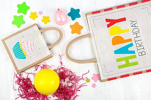 Miniatura 6 de Imagine Color Paquete de 6 bolsas grandes de arpillera de yute para cumpleaños, ecológicas, asas de algodón, reutilizables y biodegradables, bolsas