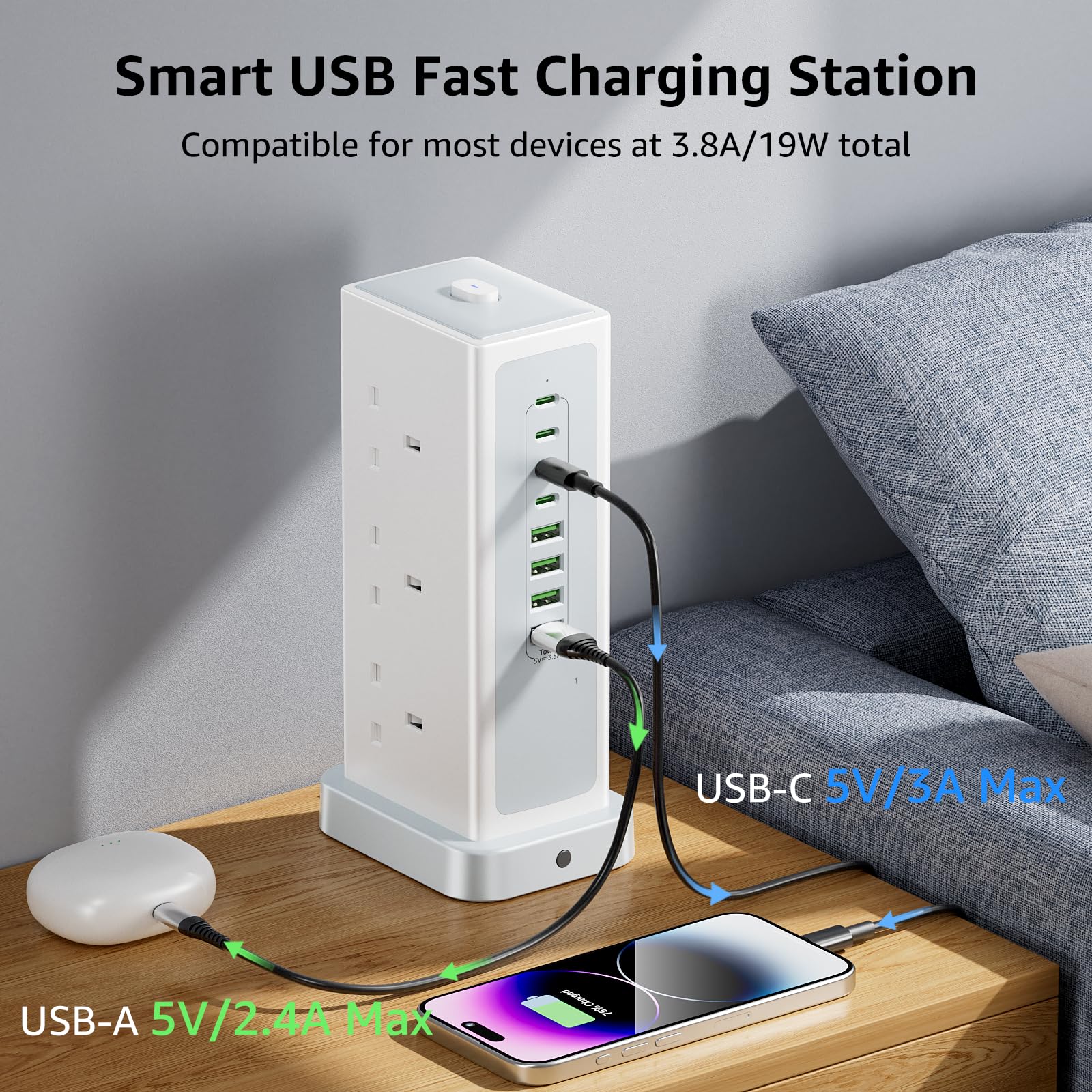 VoltFlow Tower Extension lead with USB Slots,6 Way (13A/3250W) Plug Extension Socket with 4 USB C & 4 USB A, Overload Protection Power Strip with Switch 1.8M Extension Cable for Office, Home, Kitchen in use