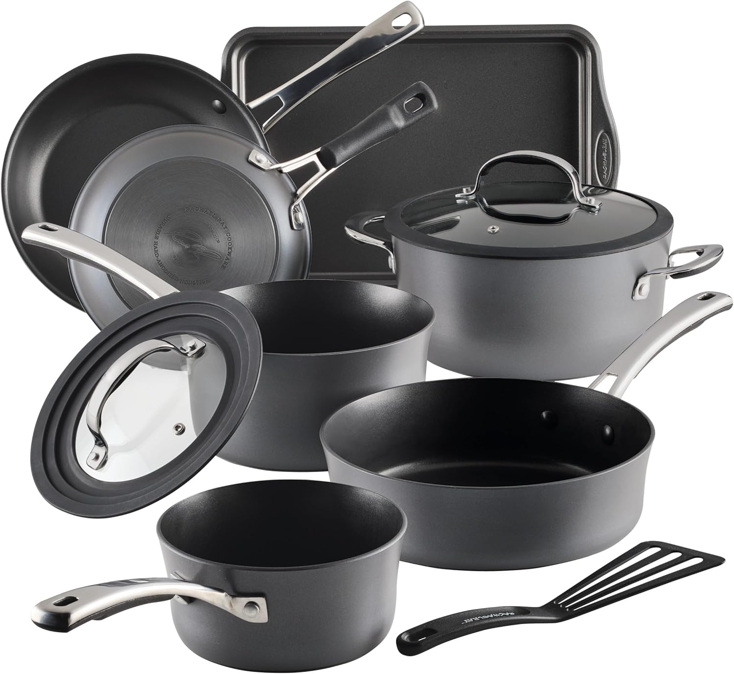 Rachael Ray Cook + Create 10pc Hard Anodized Nonstick Cookware Set with Black Handles: Nonstick Cooking Set, Silicone Handles