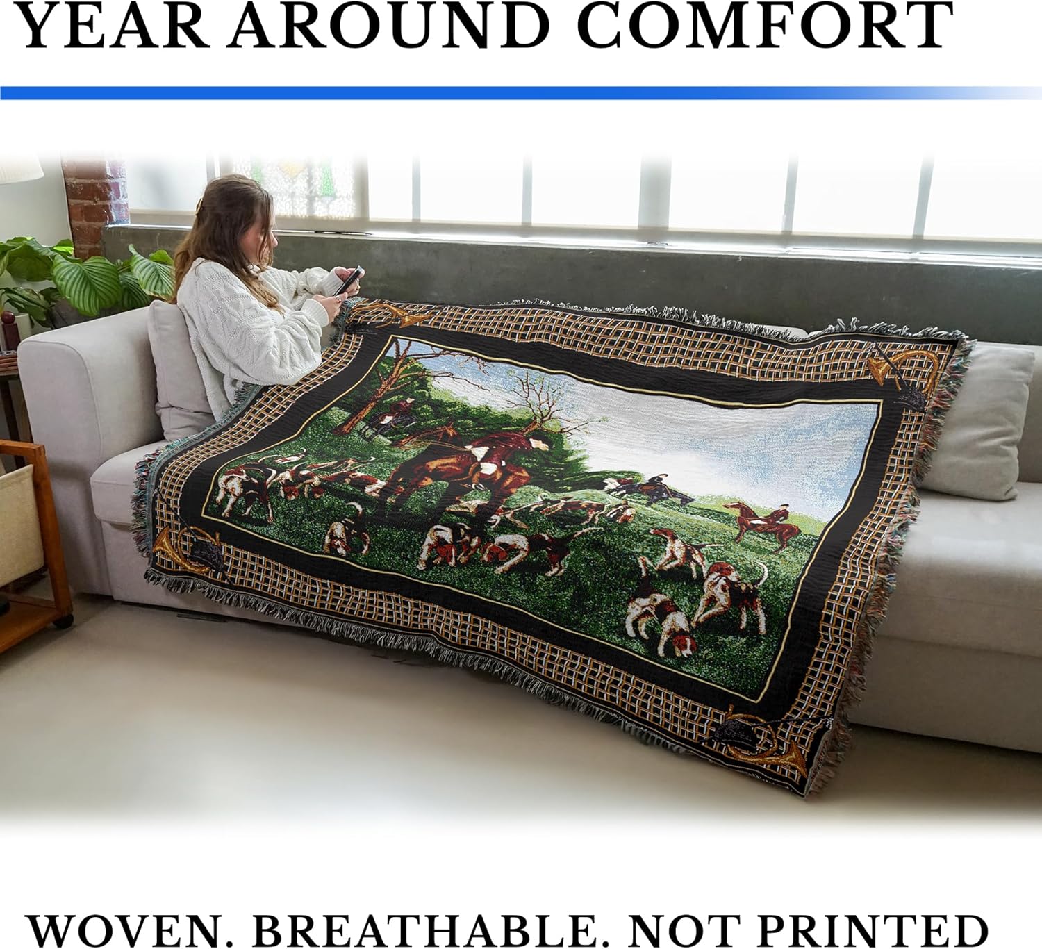 Pure Country Weavers The Fox Hunt Dog Woven Blanket - Gift Cotton Tapestry Throw - Made in The USA - 72" x 54"