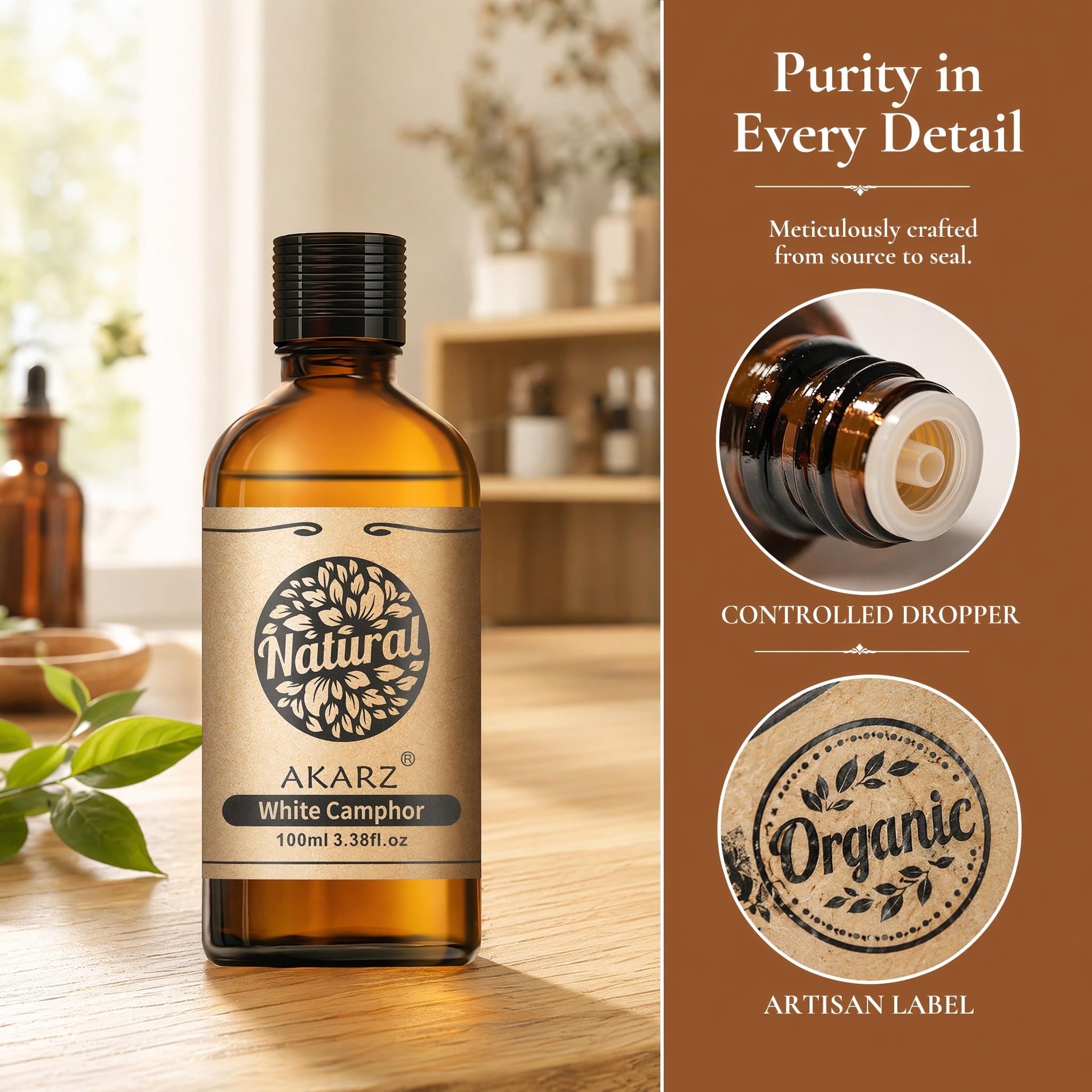 AKARZ 100ml Olejek esencjny z Białego Kamforu - Naturalny olejek aromatyczny do dyfuzorów, lamp aromatycznych i aromatów pomieszczeń