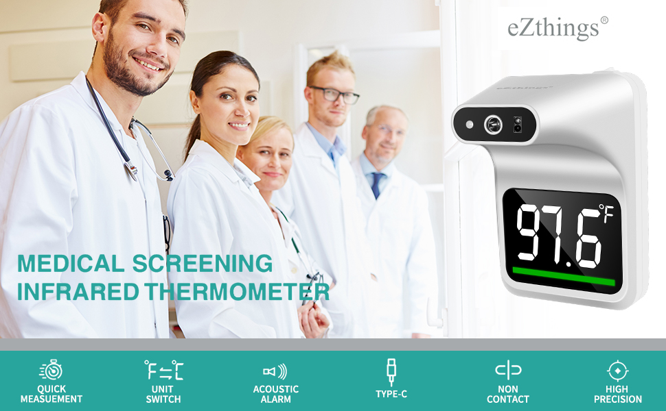 Image of Non Contact Mountable Medical Screening Forehead Thermometer, Black | For Physician Offices and Hospitals