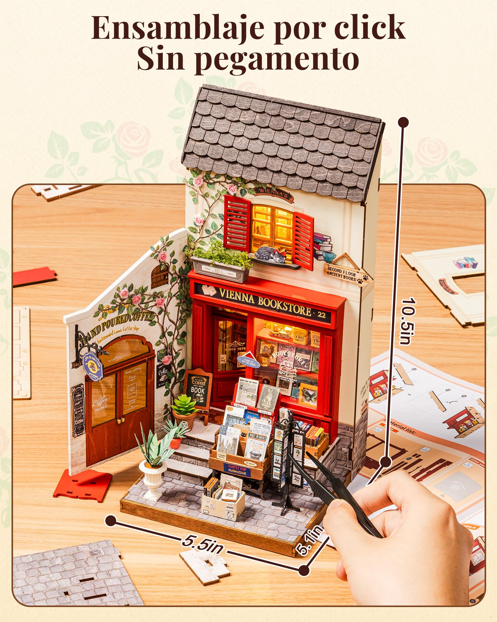 Rolife Maquetas Librería de Viena-290 Piezas DIY Miniature House Diorama, Casas Miniaturas para Montar Puzzle 3D Madera Book Nook para Adultos ¡Ningún Pegamento Necesario