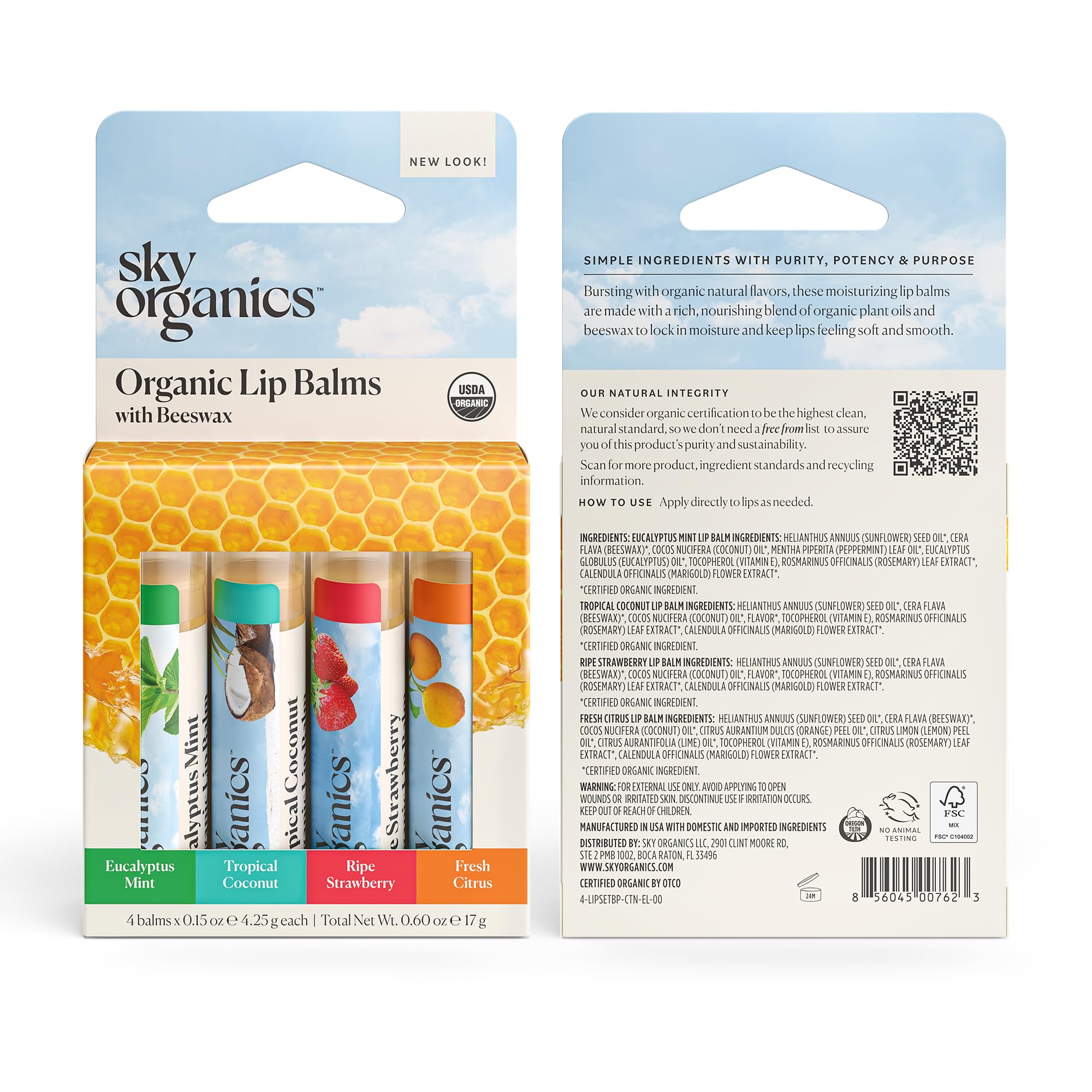 Sky Organics Balsamo Labbra alla Cera d'Api- Burrocacao Labbra Biologico - Certificazione Biologica USDA - Lip Balm - Idrata, Lenisce e Ammorbidisce, Confezione da 4
