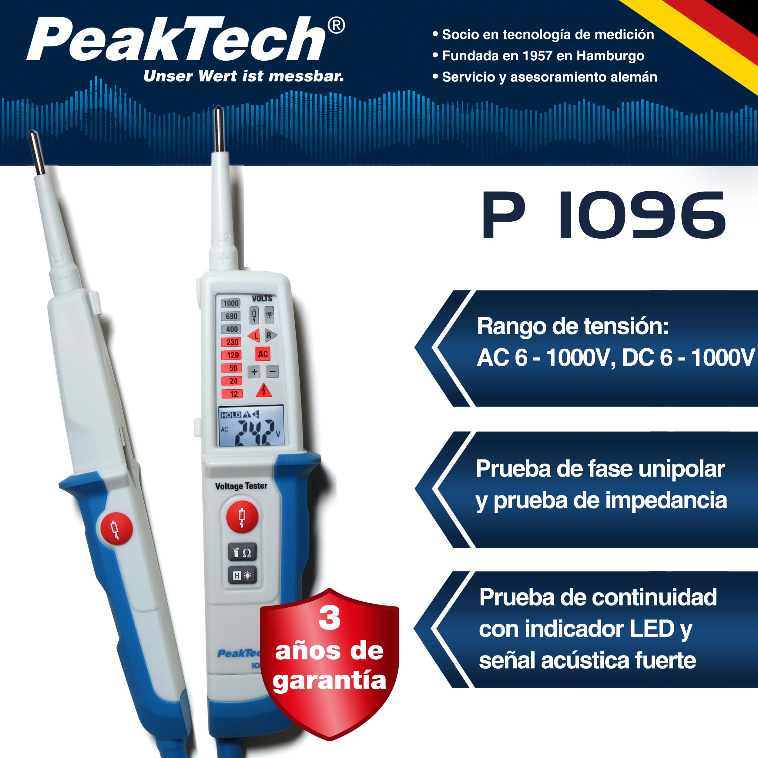PeakTech, 1096, Comprobador de tensión CA/CC de 2 polos con doble pantalla y test RCD, protección contra polvo y agua (IP64), pantalla LCD + linterna, comprobador de continuidad