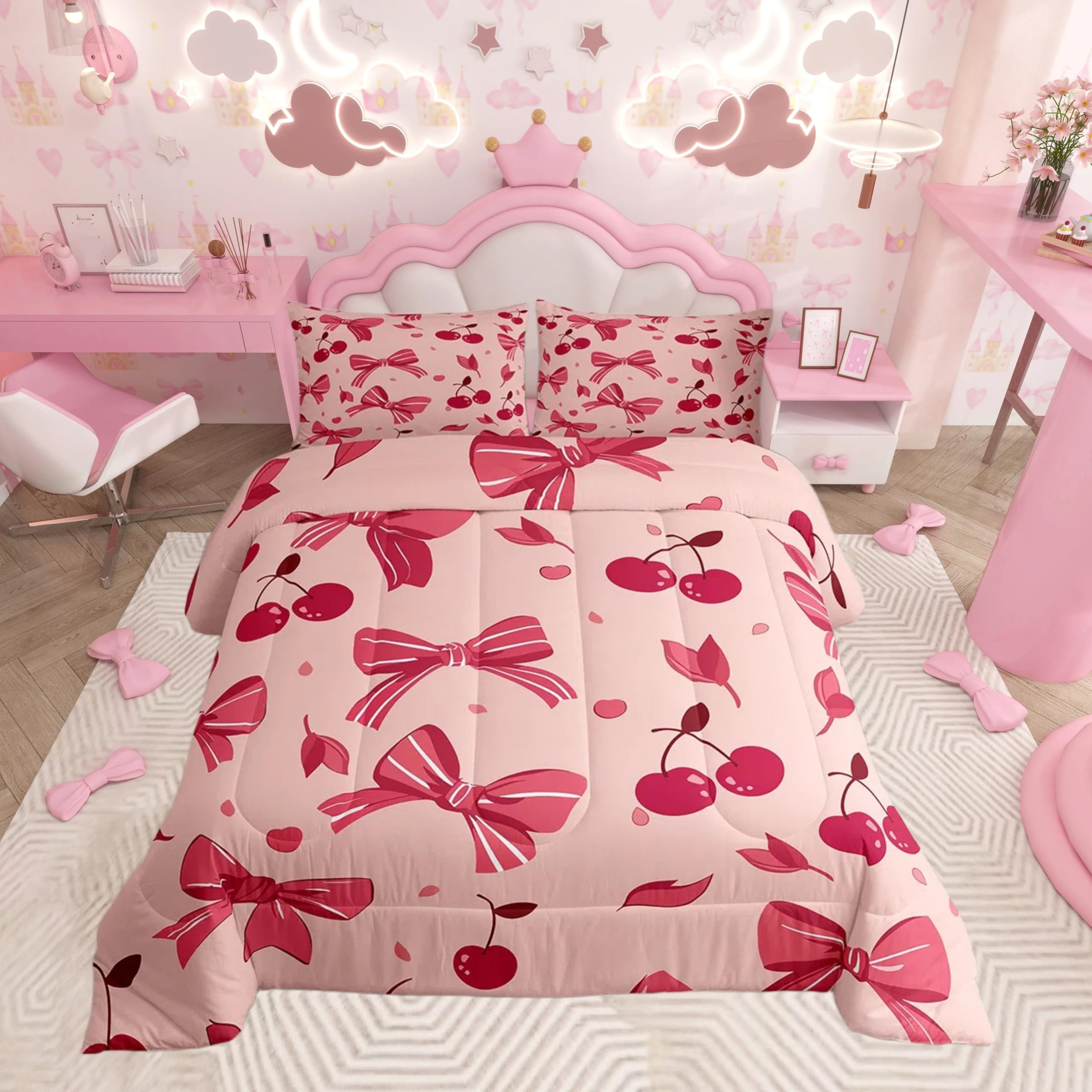 Feelyou Bow Comforter Set for Girls Boys Kids Twin Size Cheery Comforter Room Decor Cute Bedding Set Hot Rose Duvet Set