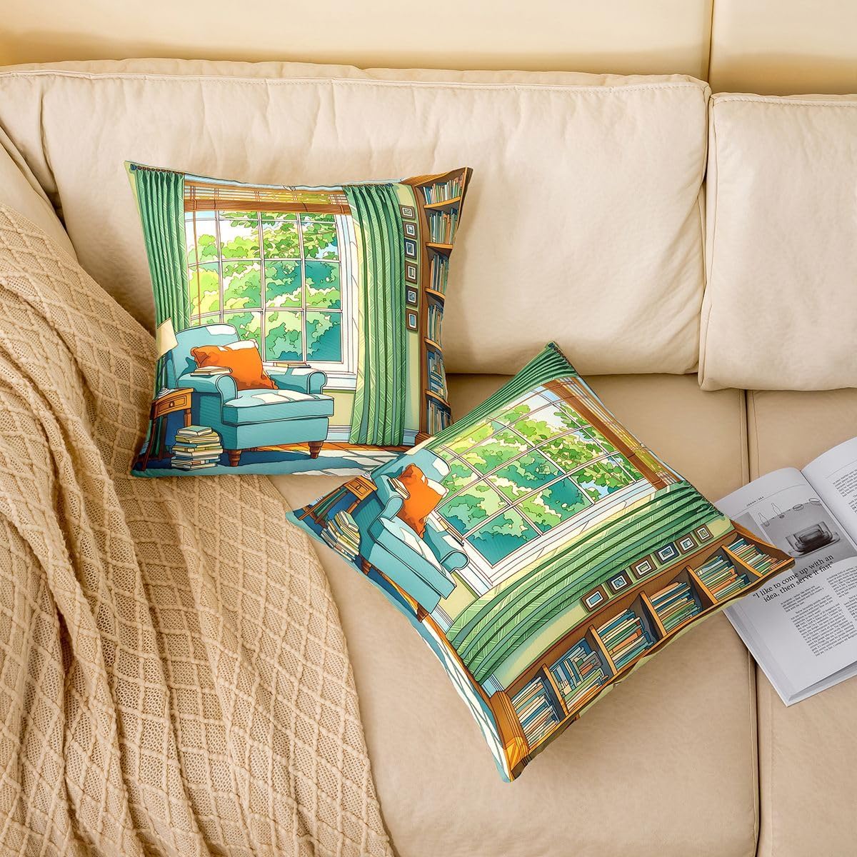 Manfei Reading Nook Cushion Cases 16X16 Set of 2 Armchair Books Throw Pillow Covers Cartoon Anime Cushion Covers for Boys Men Decorative Pillowcases Soft Pillows Covers Green Blue image 2