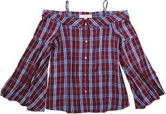 Loft Ann Taylor Womens Plaid Off-Shoulder Bell Sleeve Blouse