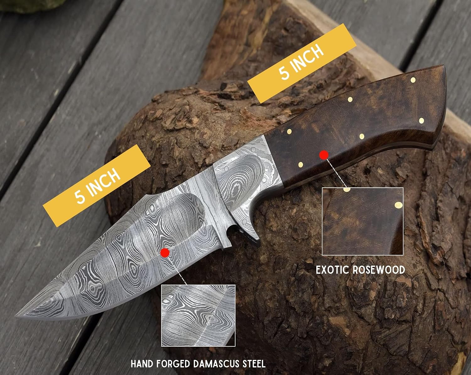 SHOKUNIN USA Damascus Knife, Custom Hand forged, Damascus Steel Knife, 10.0", Exotic Rose Wood Handle, Handmade Damascus hunting knife perosnalized knife with leather sheath