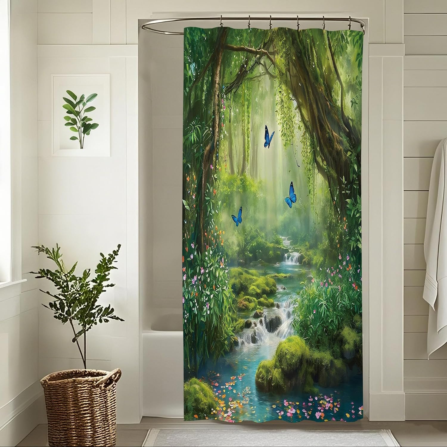 Green Fairy Forest Small Stall Shower Curtain Nature Woodland Half Narrow RV Camper Shower Curtains Set Spring Garden Butterfly Bath Curtain Enchanted Landscape Bathroom Decor 36x72 Inch image 3