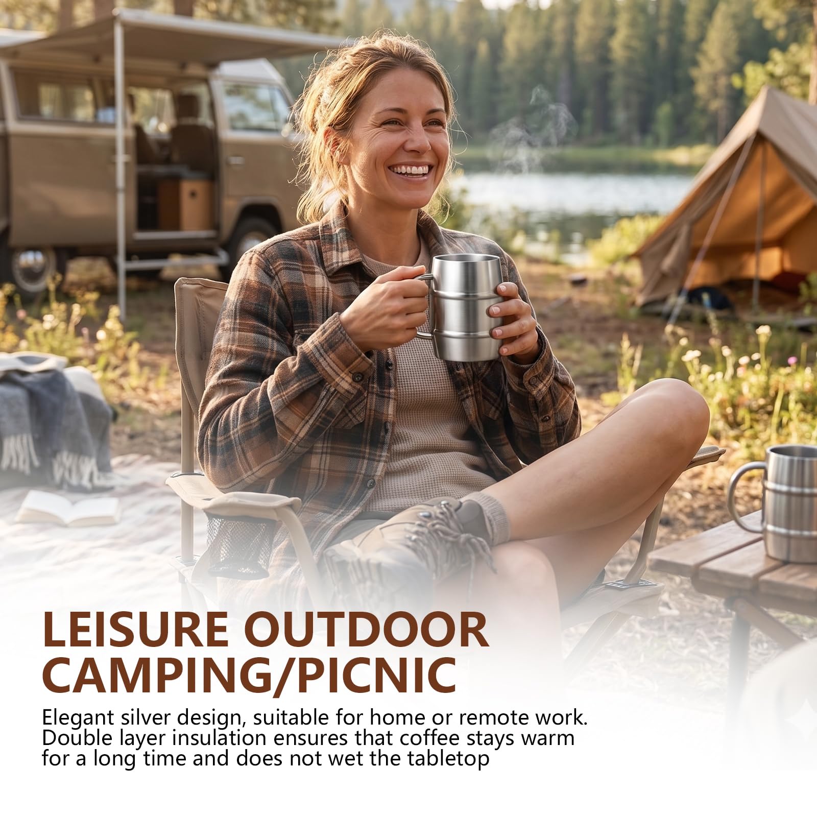 BORDEAG Lot de 2 gobelets isothermes en acier inoxydable - 500 ml - Double paroi - Avec poignée - Chope à bière en acier inoxydable - Pour le quotidien et les activités de plein air - Argenté