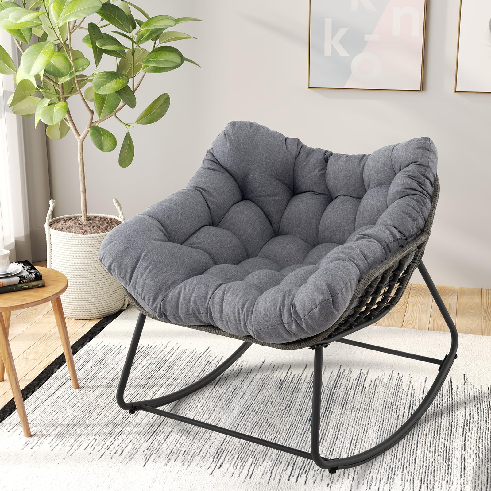 COSTWAY Fauteuil a Bascule Exterieur Interieur, Rocking Chair en Rotin PE, Coussin Épais Amovible, Bande Antidérapante, Fauteuil Œuf pour Balcon Porche Salon, Charge 150 kg, 98 × 98 × 87 cm (Gris)