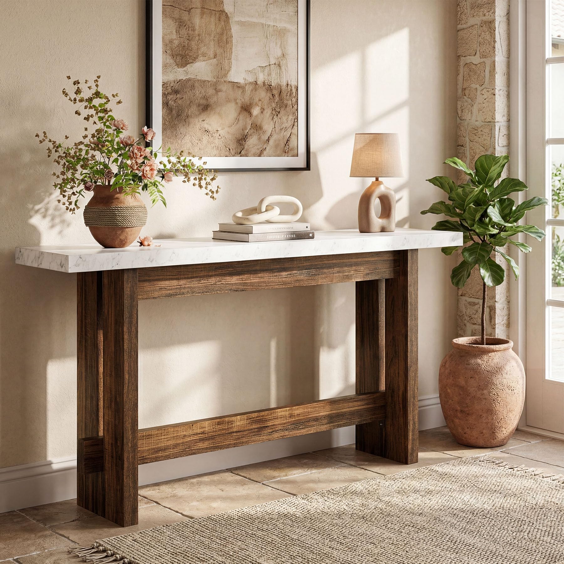 Tribesigns 160cm Legno Tavolo Consolle, Tavolo da ingresso Stile Fattoria con Piano Finto Marmo, Tavolo lungo e Stretto Dietro il Divano per Entryway, Corridoio, Soggiorno, Ingresso