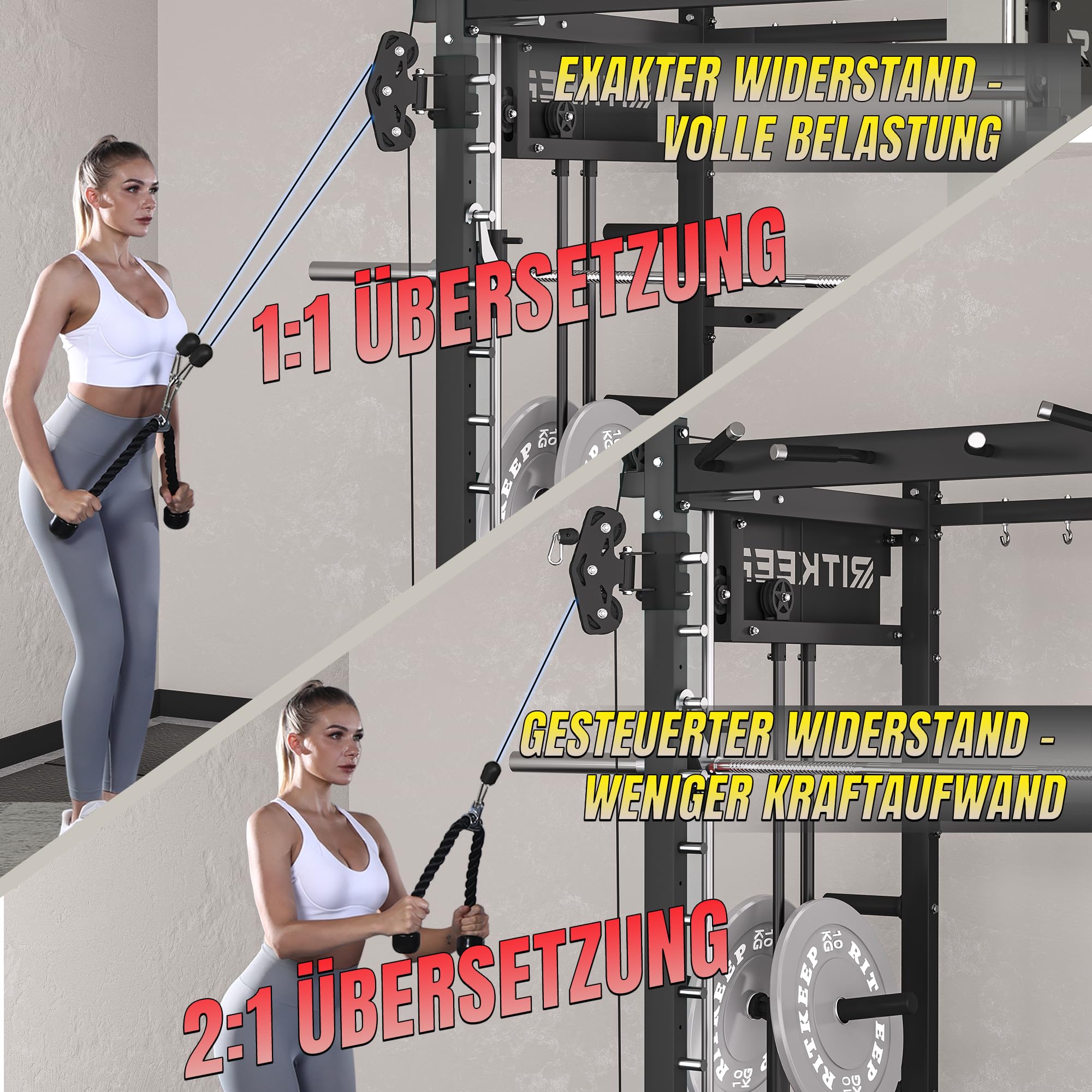 Smith Machine mit Jammer Arms, Beinpresse-Board und Bank – RitKeep PMAX-4750, duales scheibenbeladenes Fitnessgerät mit einstellbarem 1:1- & 2:1-Flaschenzugsystem