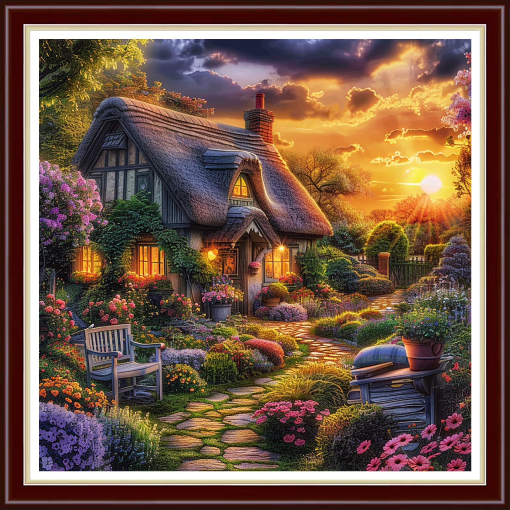 Fanxvivy Stamped Cross Stitch Kits for Beginners Full Range of Cross Stitching Preprinted Embroidery Kits for Adults, 11CT Embroidery Pattern Needlepoint Kits-Sunrise Garden 18×18 inchs