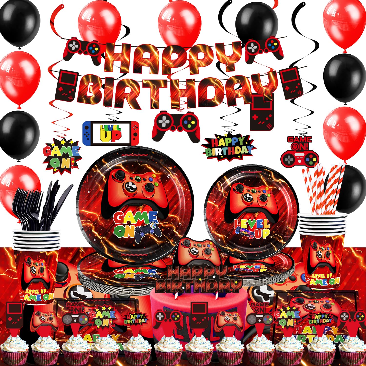 Mpanwen Red Video Game Party Supplies - 212Pcs Gamer Gaming Party Decoration For Boys Birthday Party - Table Cover, Plates, Cups, Napkins, Utensils,
