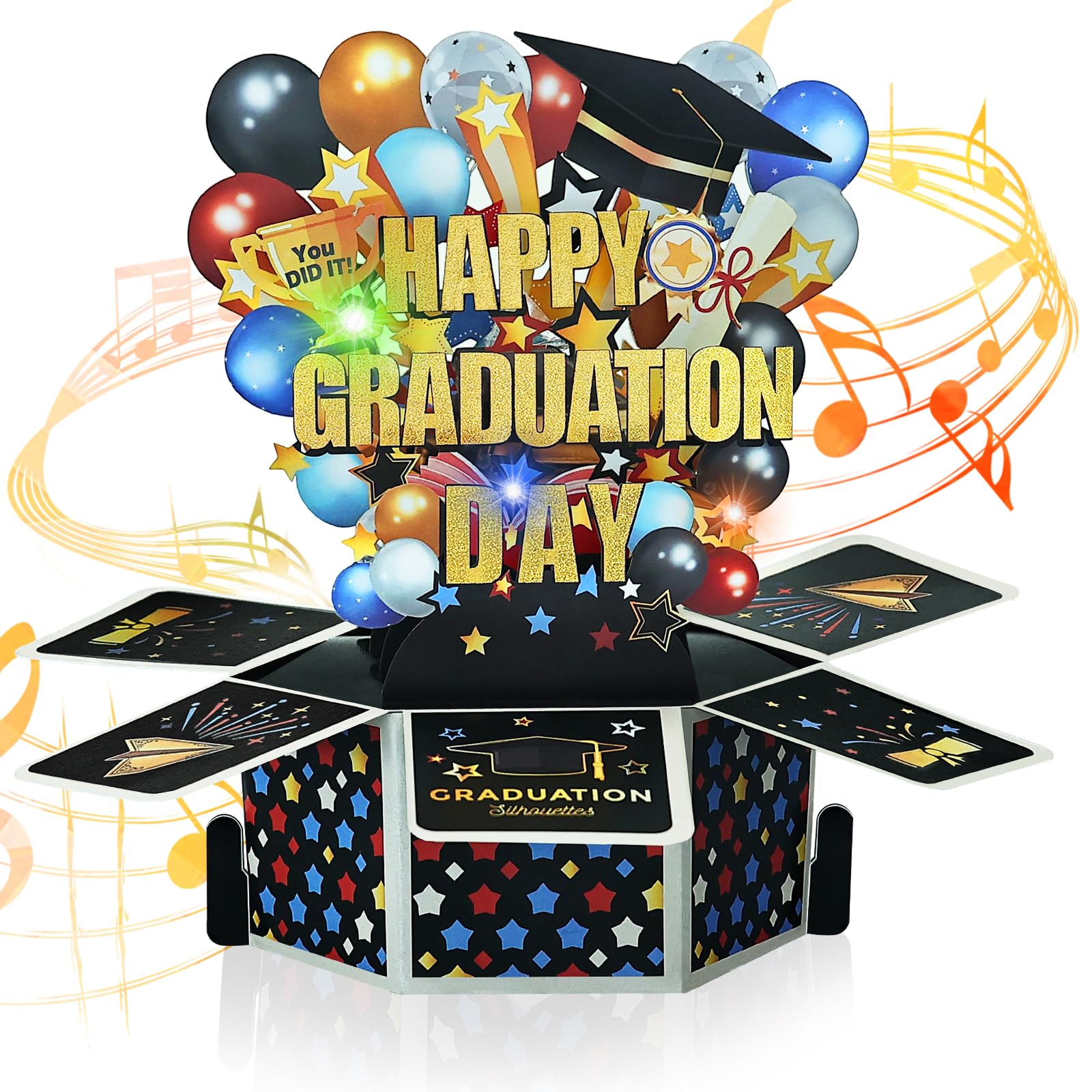Joyoldelf Congratulations Card - Musical Graduation Card with Lights and Envelope, 3D Pop Up Greeting Cards for University, College, High School Graduation, Gift for Classmates and Teacher