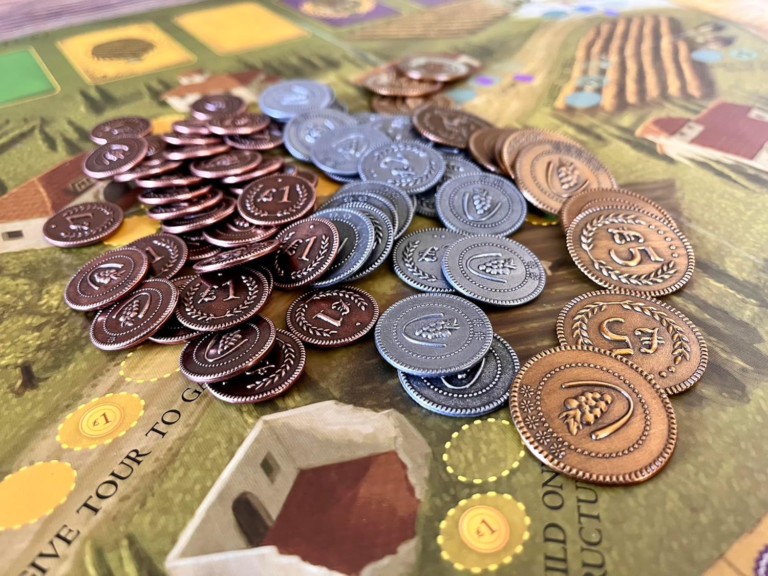 Stonemaier Games: Metal Lira Coins (Viticulture) | Metal Coins to Enhance Your Gameplay | 72 Coins with Unique Colors and Sides for Each Denomination - Values Include 1, 2, and, 5