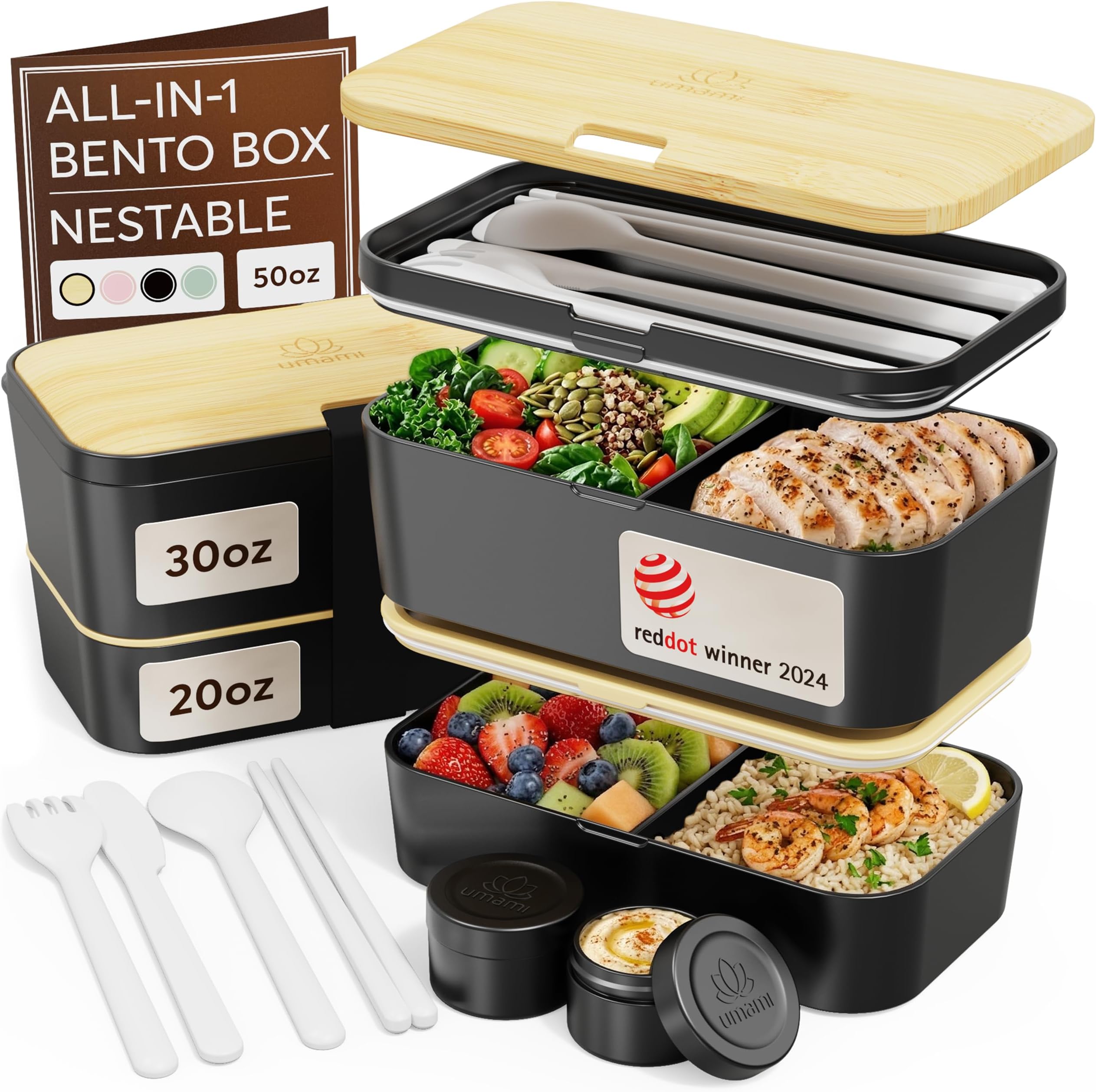 Bento Box Adult All-in-1 w/ 4 Utensils, 100% Leakproof, Dishwasher & Microwave Safe Lunch Containers for Adults w/ 4 Compartments, Black & Tan, 1500 ml