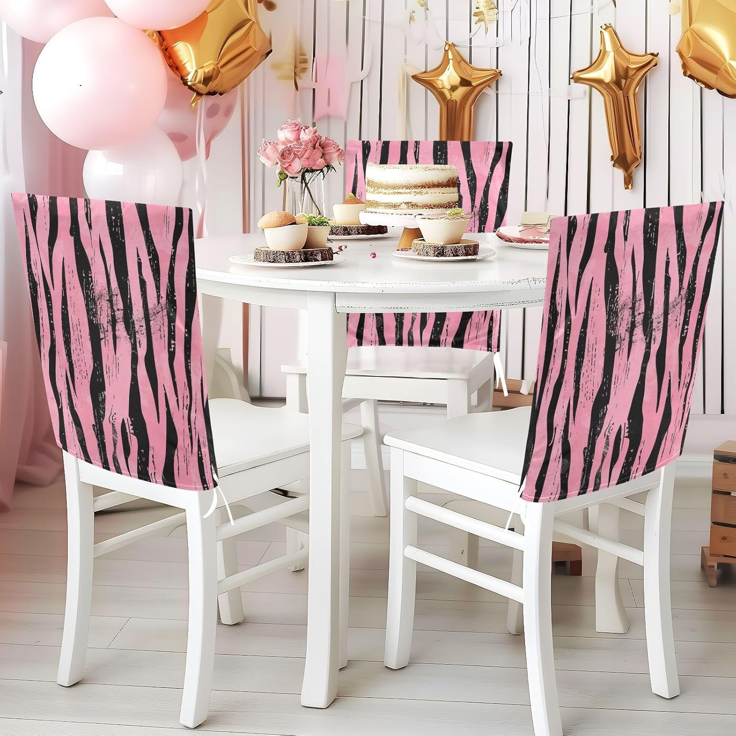 ALAZA Tiger Stripes Pink Chair Back Cover Set of 6, Washable Reusable Removable Chair Slipcovers Decorative Chair Cover for Home Kitchen Wedding Party