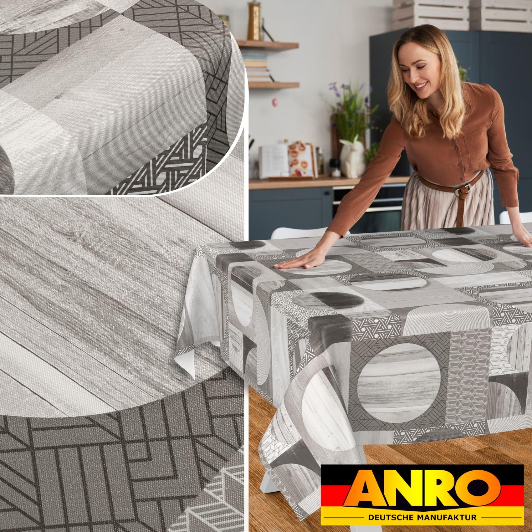 ANRO Tovaglia in tela cerata impermeabile lavabile 160 x 140 cm grigio legno Patchwork