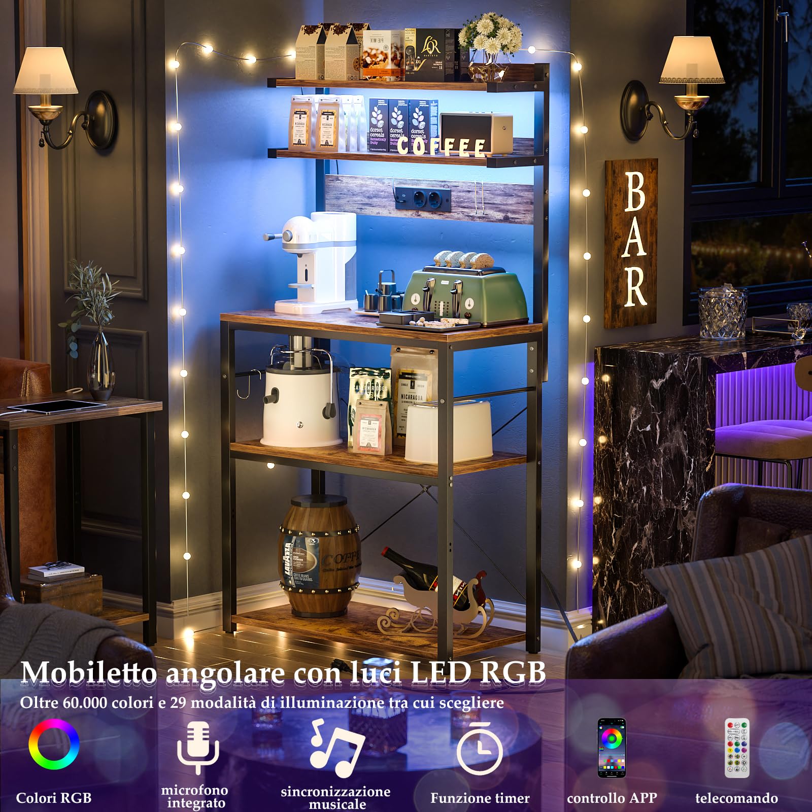 iSunirm Scaffale Cucina con Multipresa,Supporto per Forno a Microonde con Striscia Luminosa a LED,Portaoggetti a 5 Ripiani con 6 Ganci per Bar,40 x 60 x 147 cm,Marrone