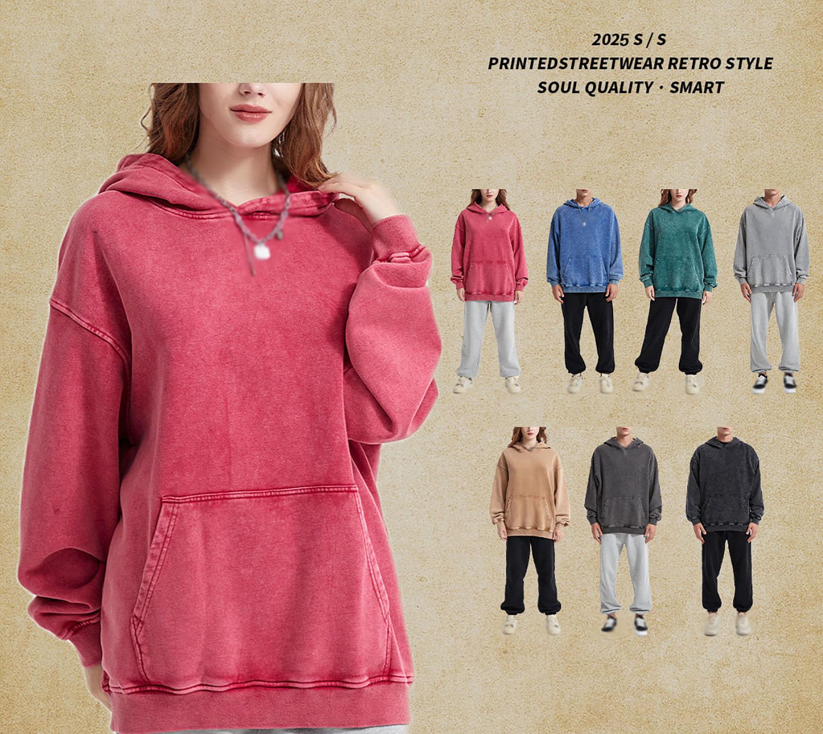 Generisch Bluza damska oversize, ciężka, sprana damska bluza z kapturem w stylu Acid-Wash, prosta bluza z kapturem w stylu vintage