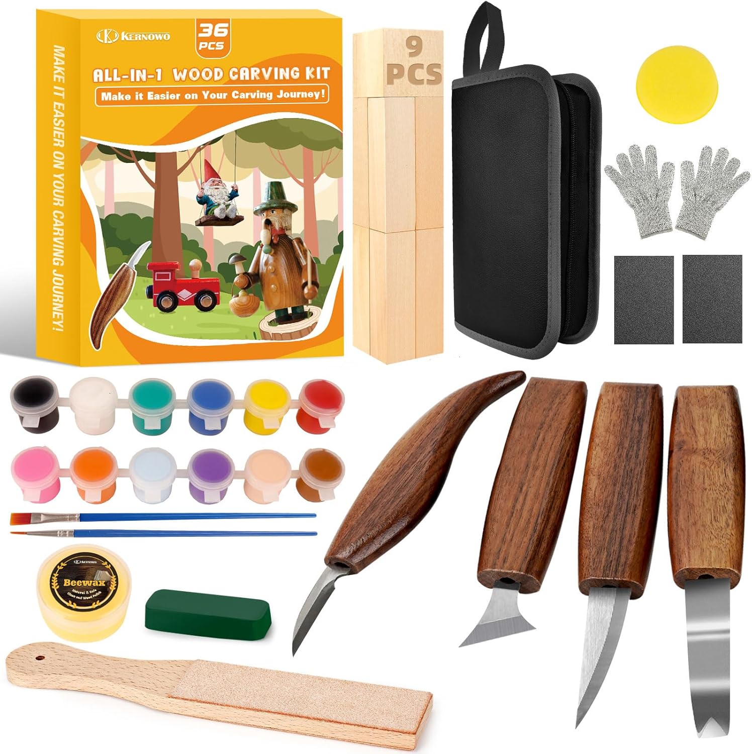 36-Piece Wood Carving Kit with Tools, Paint, and Storage Bag