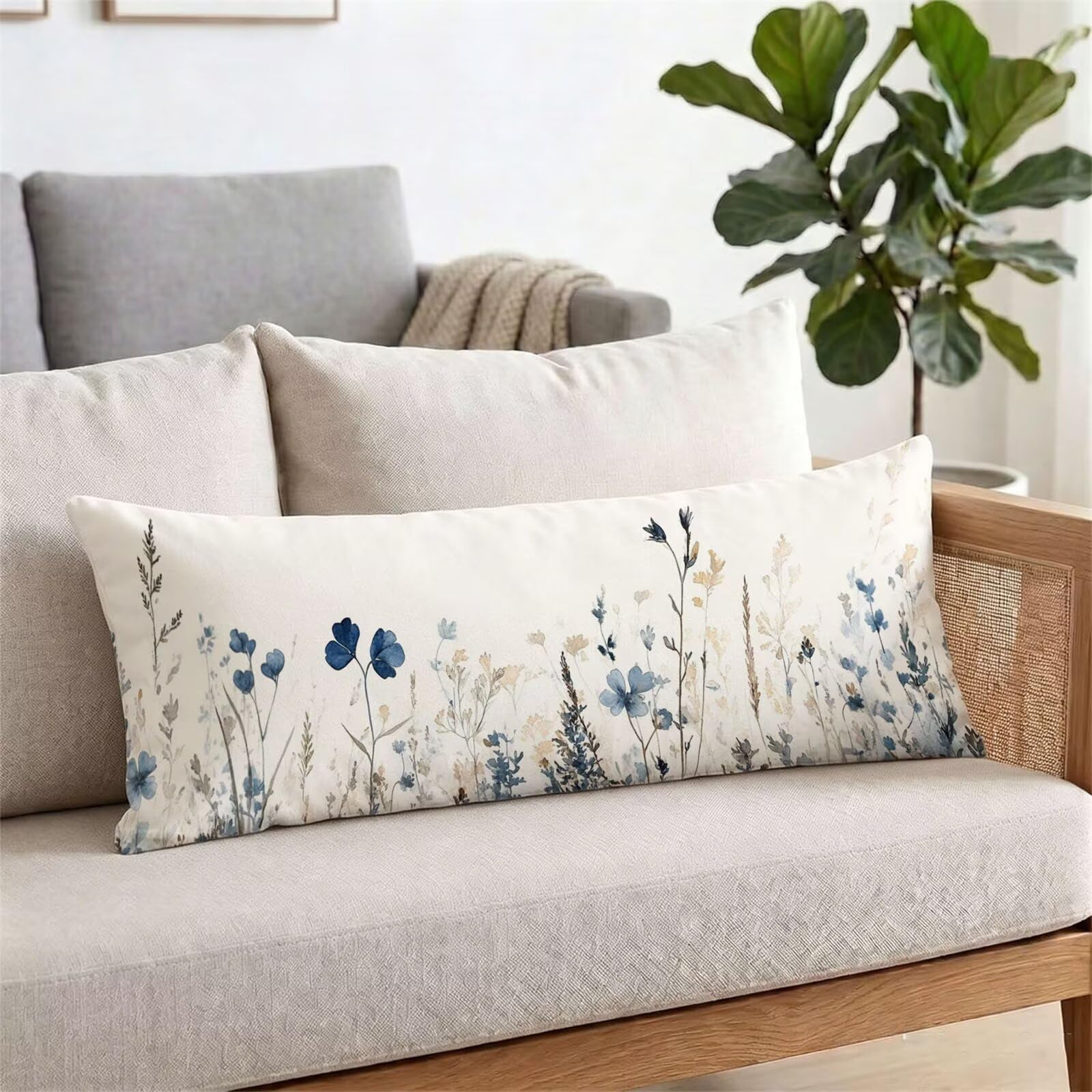 Funda de Almohada 60 x 180 cm Plano Protector Almohada 180 cm con Cremallera Invisible, Lino Durable y Transpirable Pillow Case Largas Planta Impresión a Doble Cara para Cama, Sofá y Dormitorio dg-243