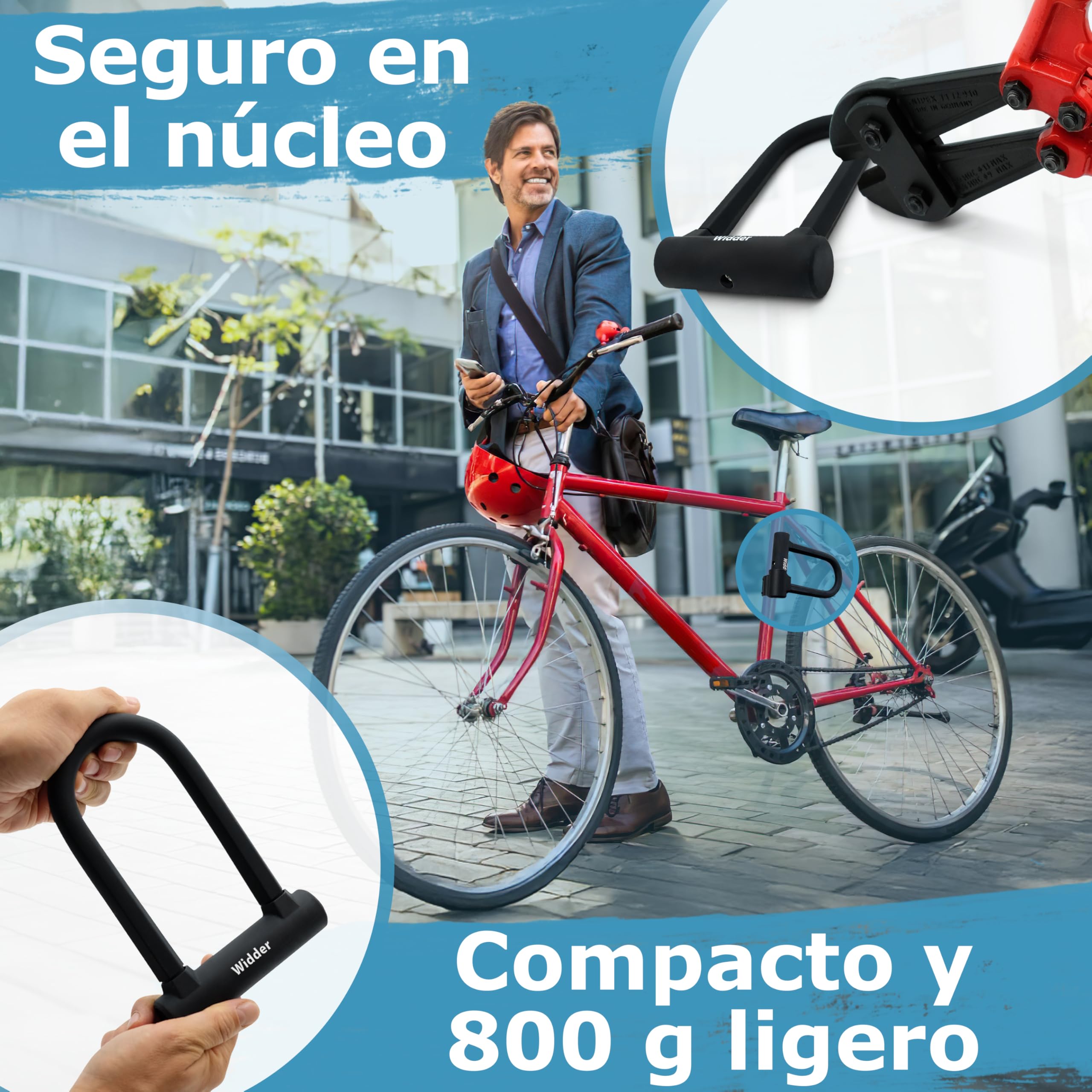 WIDDER pequeño antirrobo de horquilla bici [Candado alta seguridad, 800g] horquilla de acero macizo 14 mm, antirrobo U de alta seguridad, soporte & 3 llaves, e‑bike, e‑scooter, bici de carretera