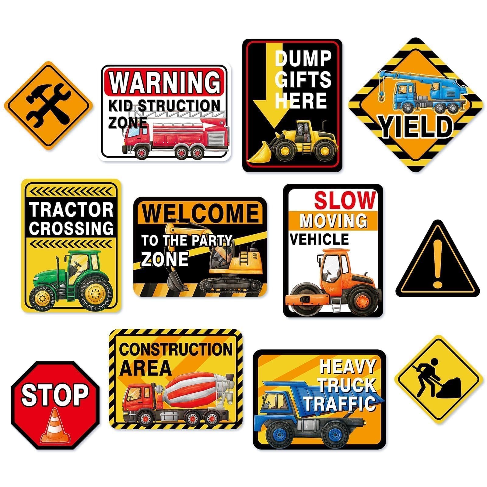 WERNNSAl Construction Party Decorations - 12PCS Truck Signs Birthday Decorations for Kids Boys Construction Birthday Party Supplies Funny Traffic Road