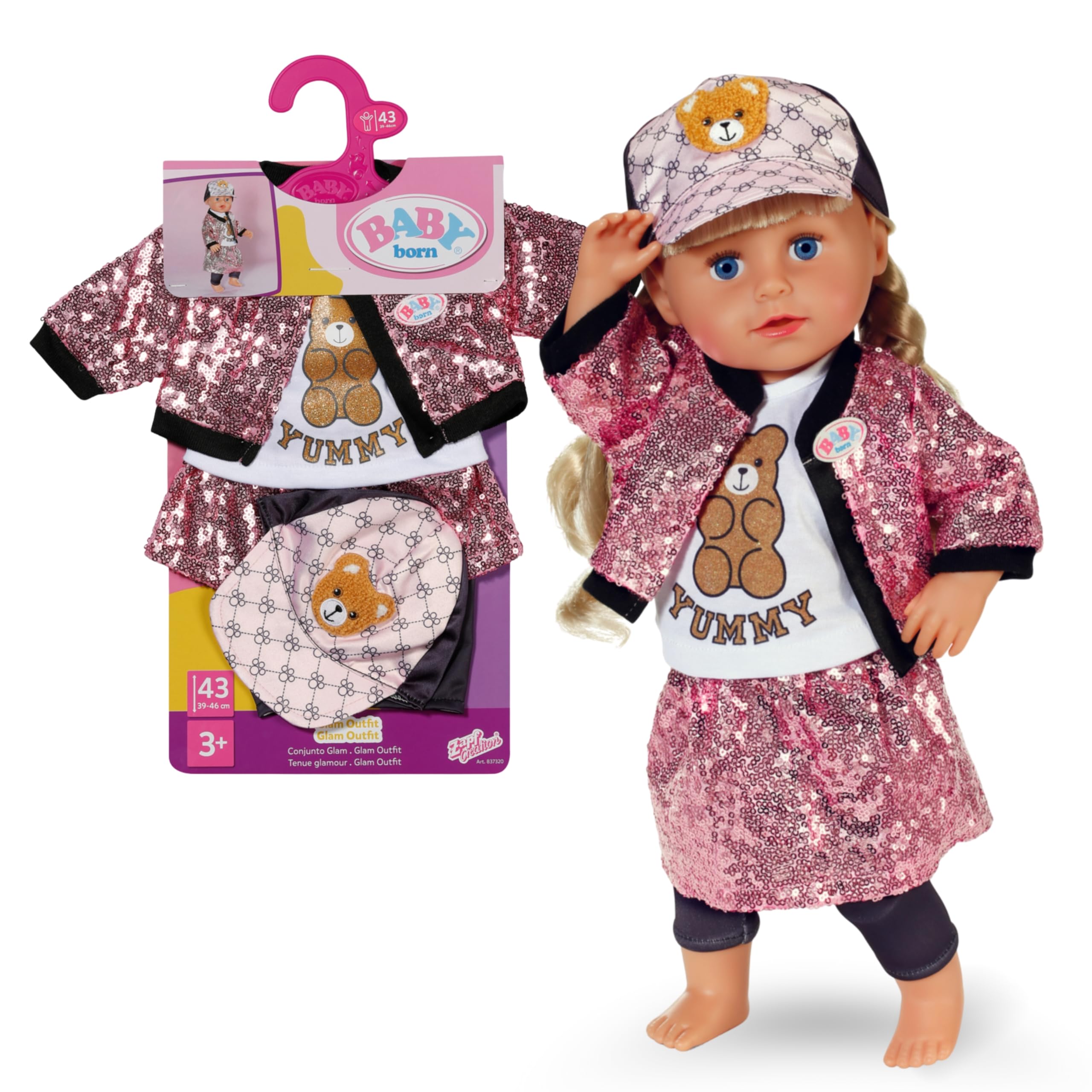 BABY Born Glam Outfit - Mit pinkem Pailletten-Rock & Jacke, Shirt mit Teddydruck, Cap & Leggins - Hochwertiges Puppenzubehör - Kleidung geeignet für Puppen der Größe 43 cm