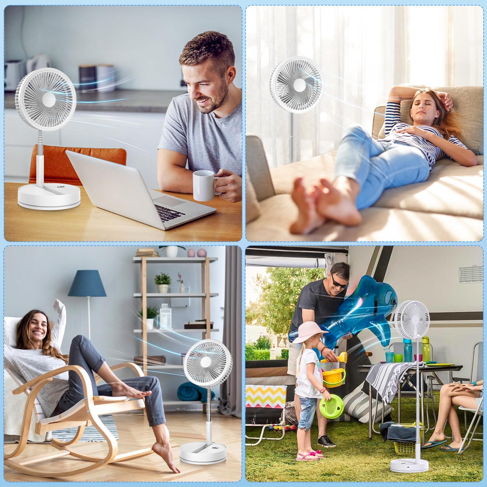 8 Zoll Faltbarer Ventilator mit Fernbedienung, 8000mAh Akku USB Standventilator, 22dB Leise Tischventilator Weiß