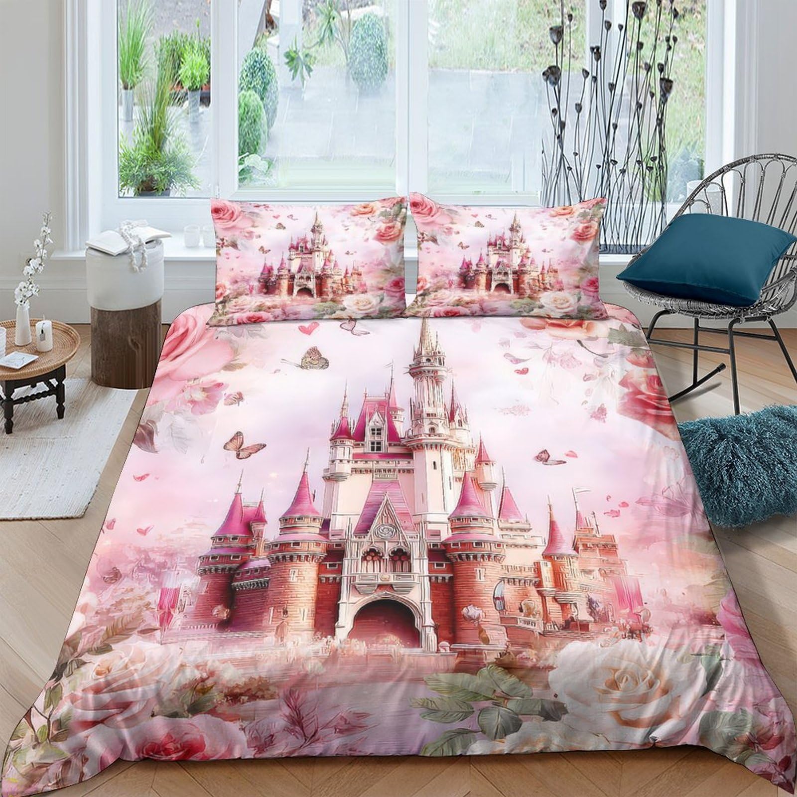 Ctjqhvkz Style-4 3D Printed Pink Castle Fitted Sheet Microfiber Soft Fantasy Butterfly Mattress Cover For Bedroom Dorm Mattress Protection Decor Single（135X200cm）