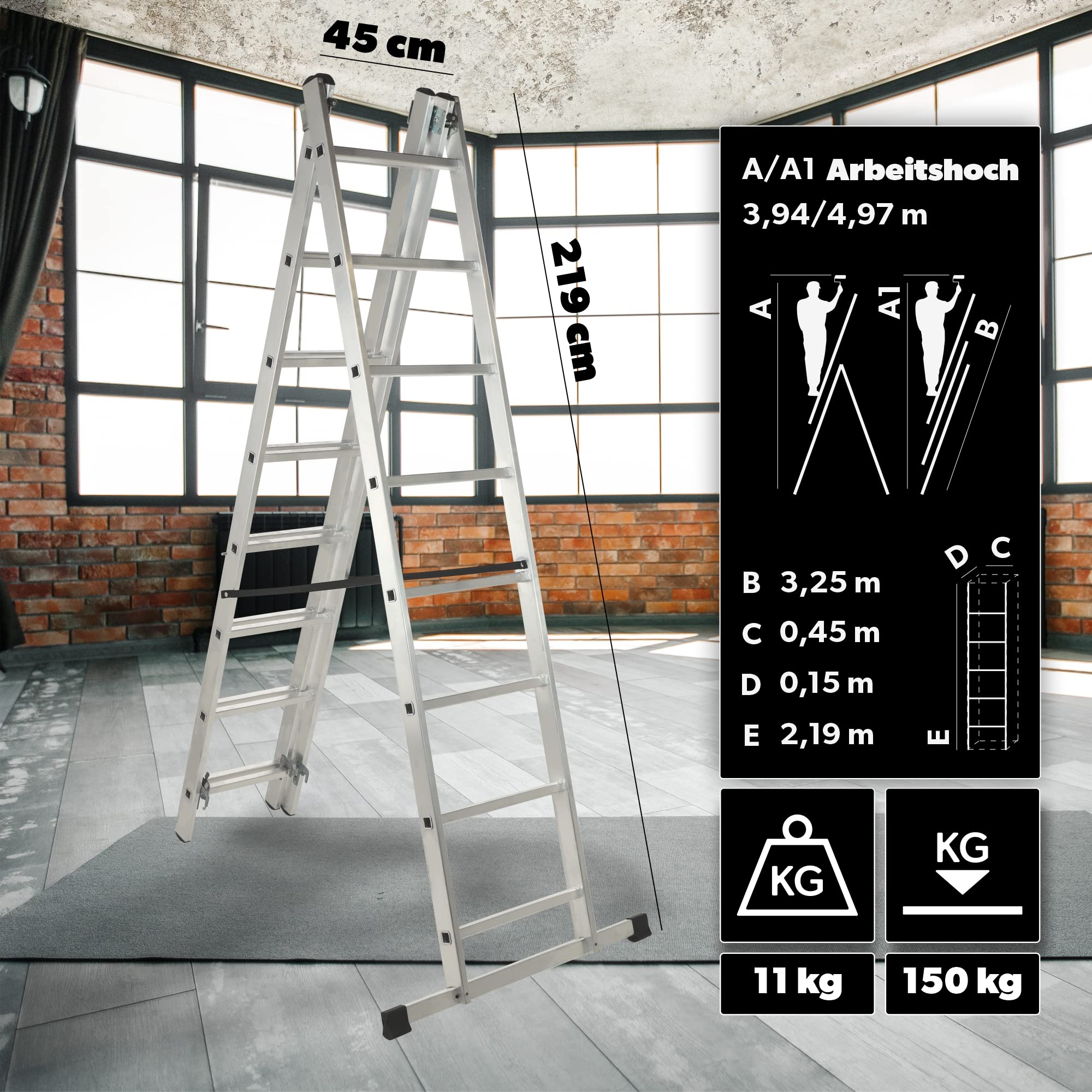 KADAX Échelle Transformable de 3 Plans, Échelle Coulissante en Aluminium, Échelle Double pour Travaux Domestiques et Professionnels (8 Marches)