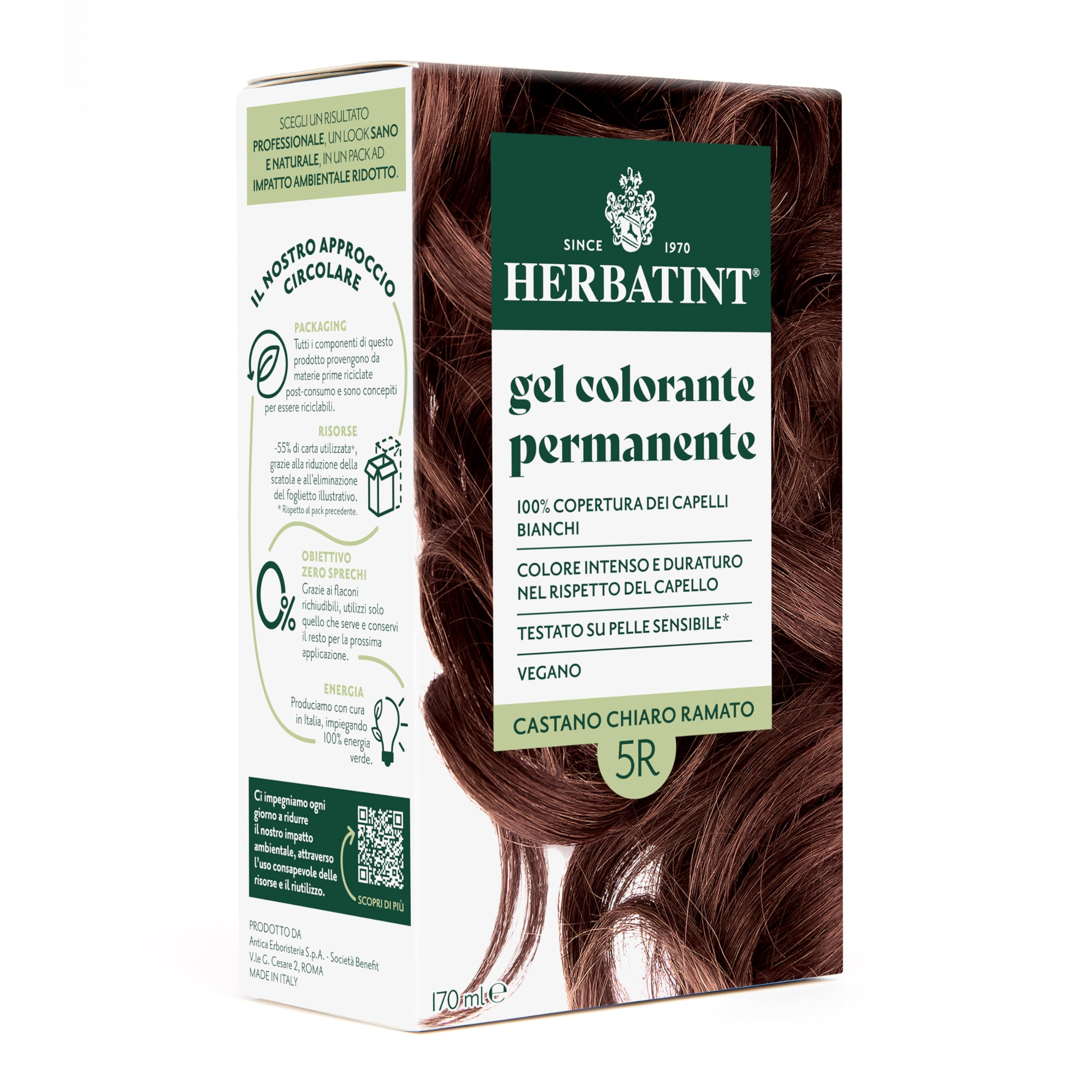 Herbatint Coloration permanente pour cheveux 5R Châtain clair cuivré – 170 ml | Sans ammoniaque | Couverture 100% pour cheveux blancs | Pour peaux sensibles | Avec 8 extraits naturels biologiques