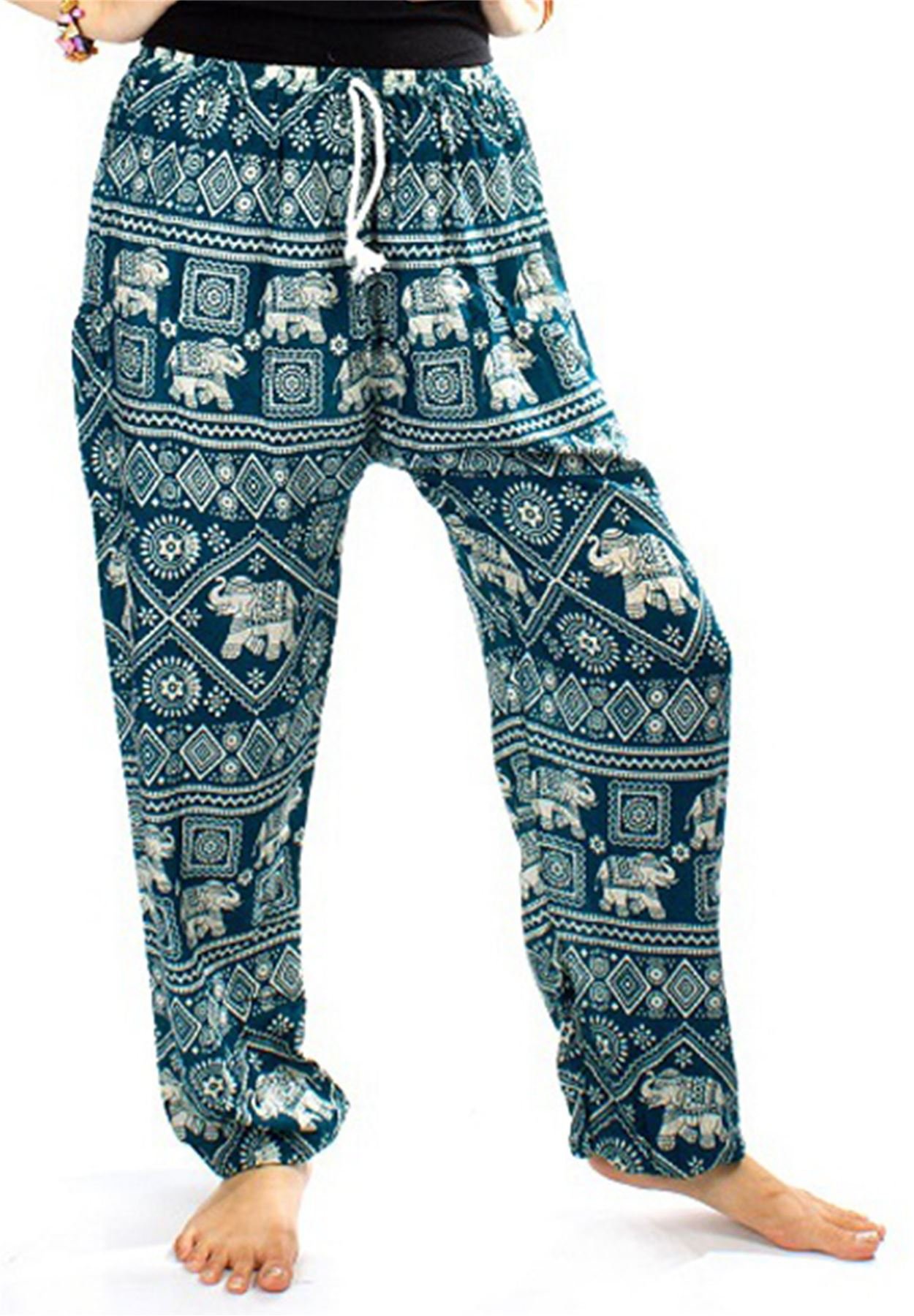 Lofbaz Women's Elephants Stamp Drawstring Harem Boho Pants Teal Green S