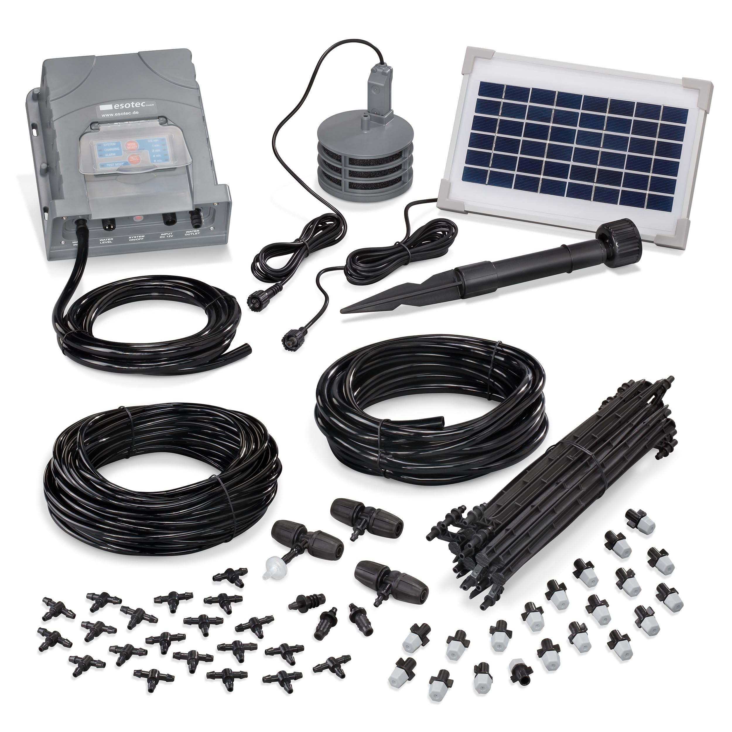 Esotec Solar Bewässerungssystem WaterSpray Professional, 20 Sprüher, Bewässerungscomputer Pflanzenbewässerung, automatische Bewässerung Garten Hochbeet Balkon Gewächshaus, 101122