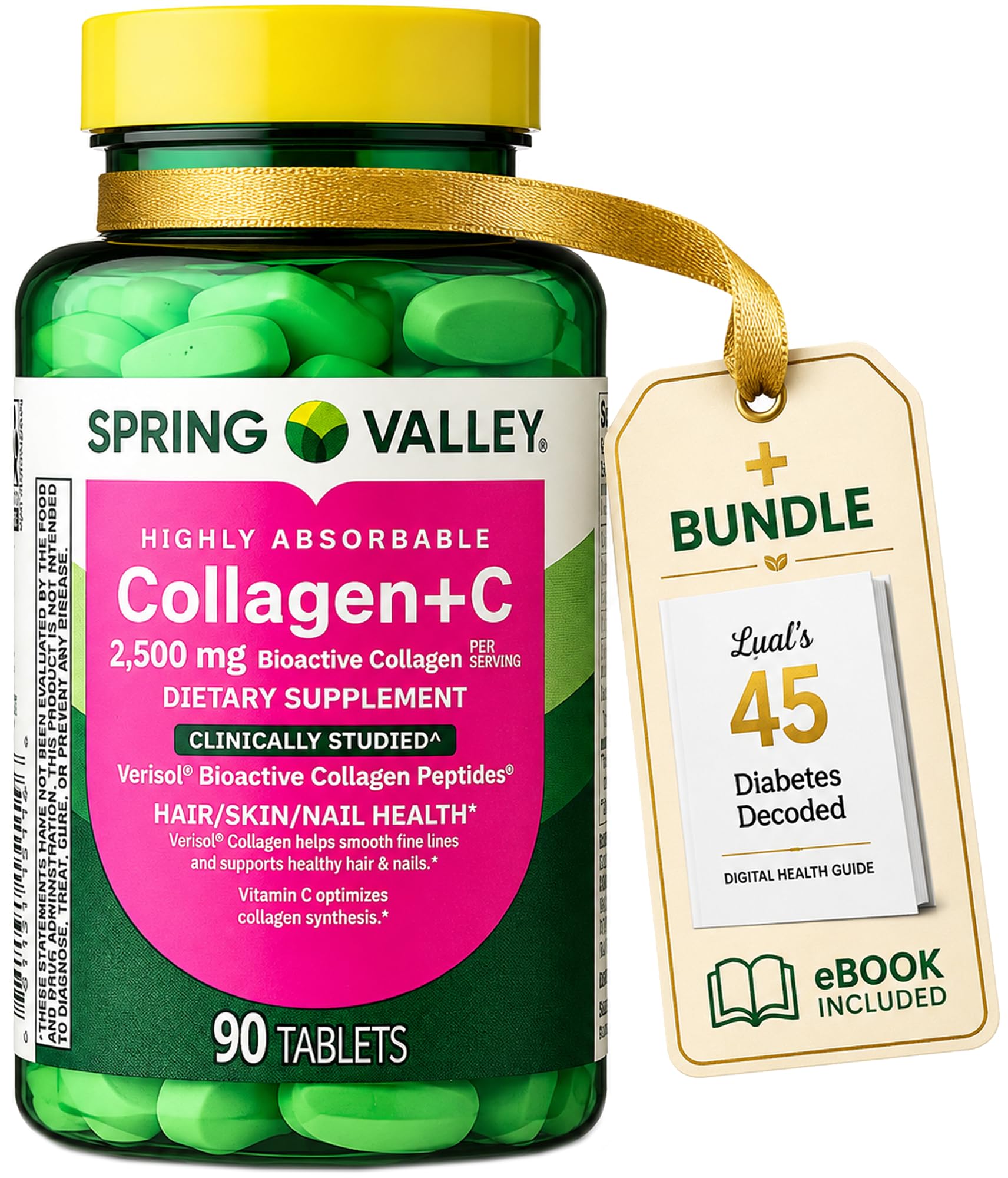 Spring Valley Collagen + C Tablets for Hair/Skin/Nail Health, 2,500 mg, 90 Count, Highly Absorbable, Collagen Plus Vitamin C Bundle with Luall's 45 Diabetes Decoded