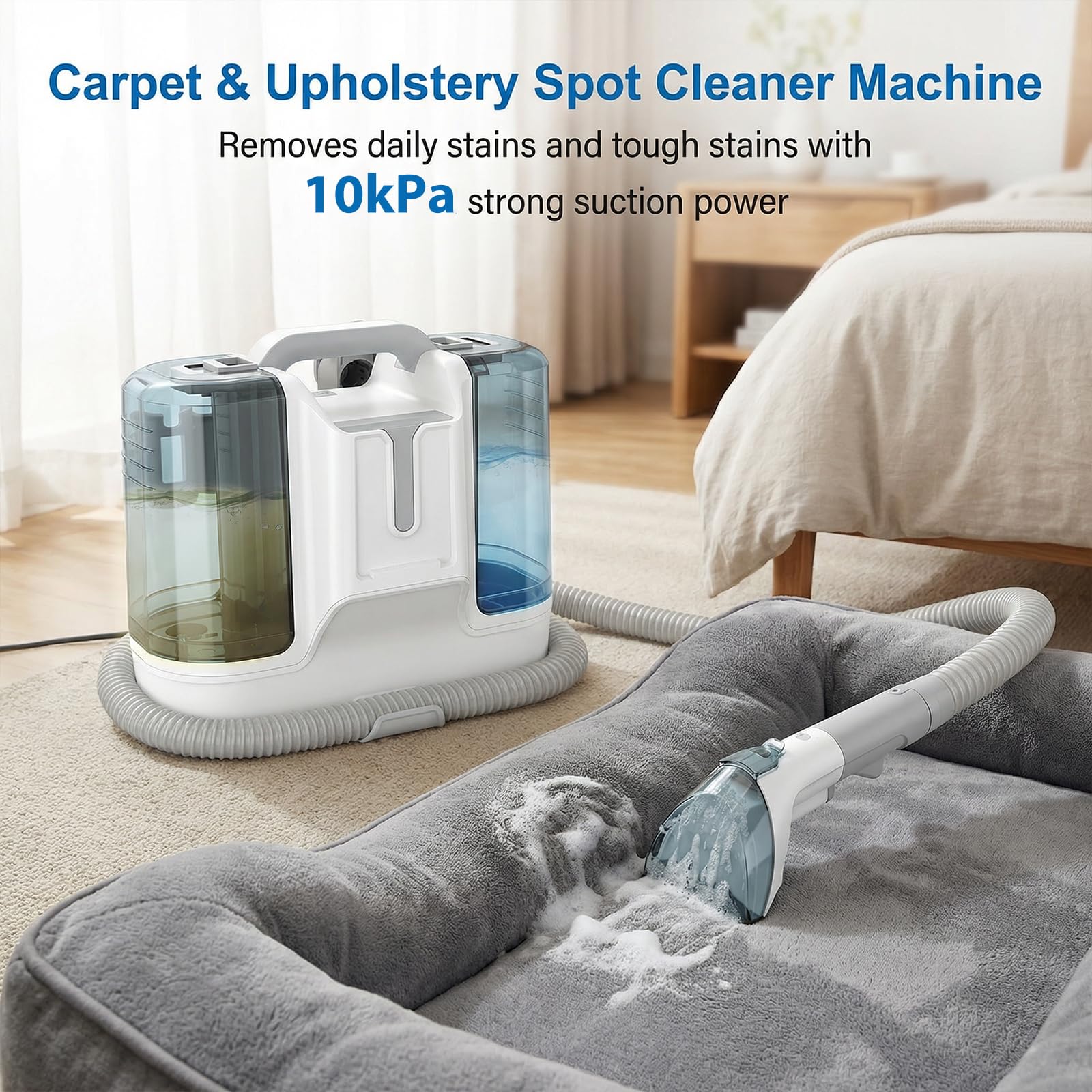 Limpiador de Tapicerias 450W 16 KPa, Aspiradora de Agua Tapiceria con 6 Cepillos de Limpieza, Limpiador de Alfombras con Doble Depósito de Agua de 1800/600 ml, Coche Carpet Cleaner Machine
