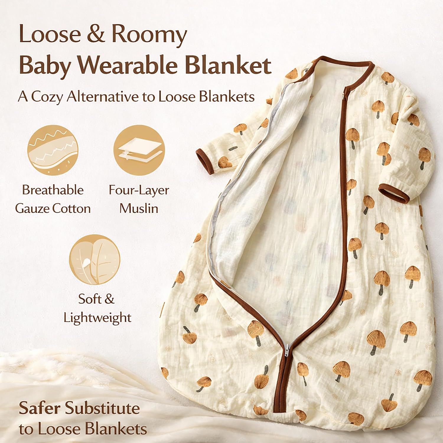 Baby Wearable blanket with Long Sleeve Muslin Lightweight Cotton Toddler Sleep Sack 4 Layers Tog 1.0-1.2