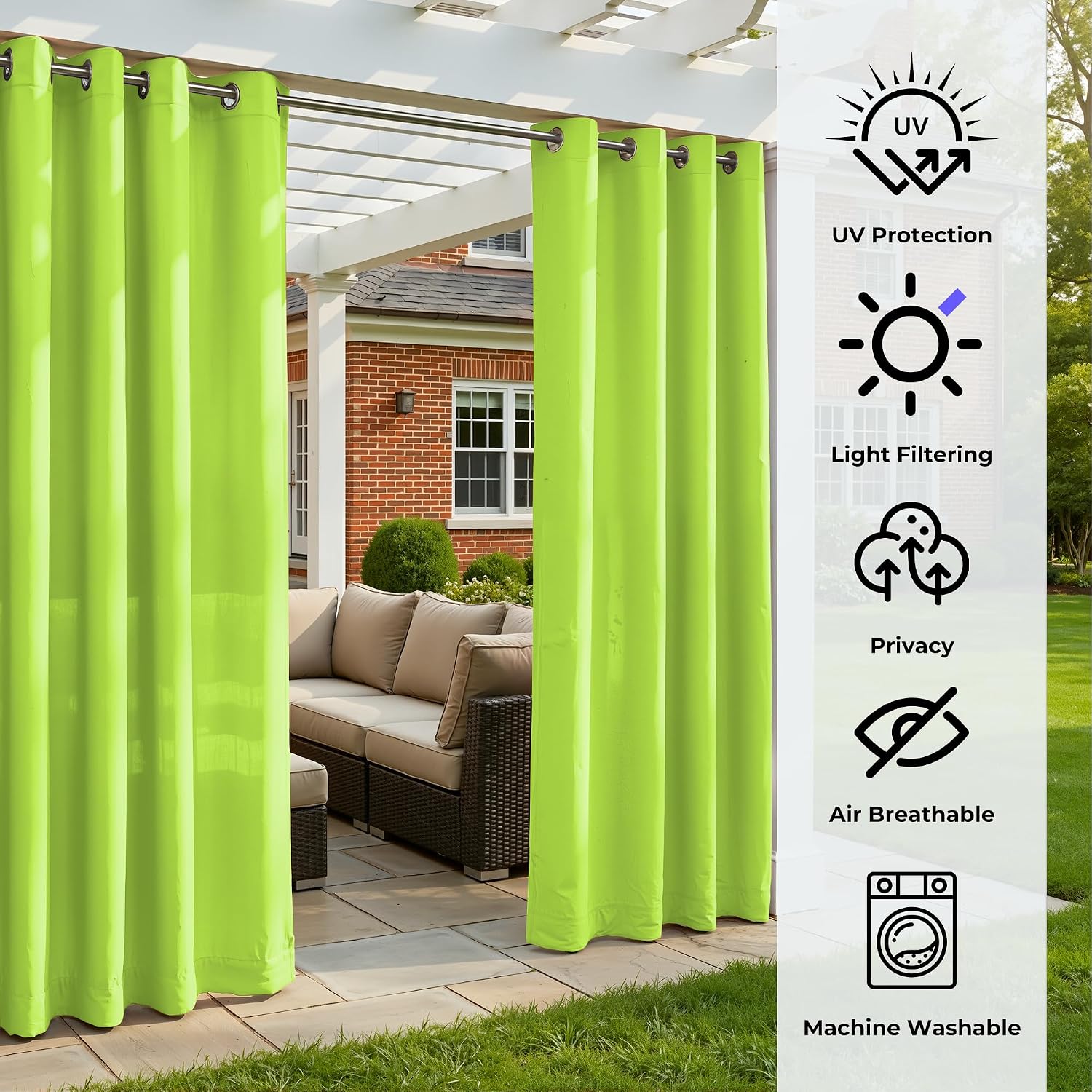 Set of 4 Outdoor Curtains for Patio Waterproof, Breathable Grommet Privacy Panels for Porch, Pergola & Gazebo, Light Filtering, Weatherproof, 37W x 84L Inches, Green