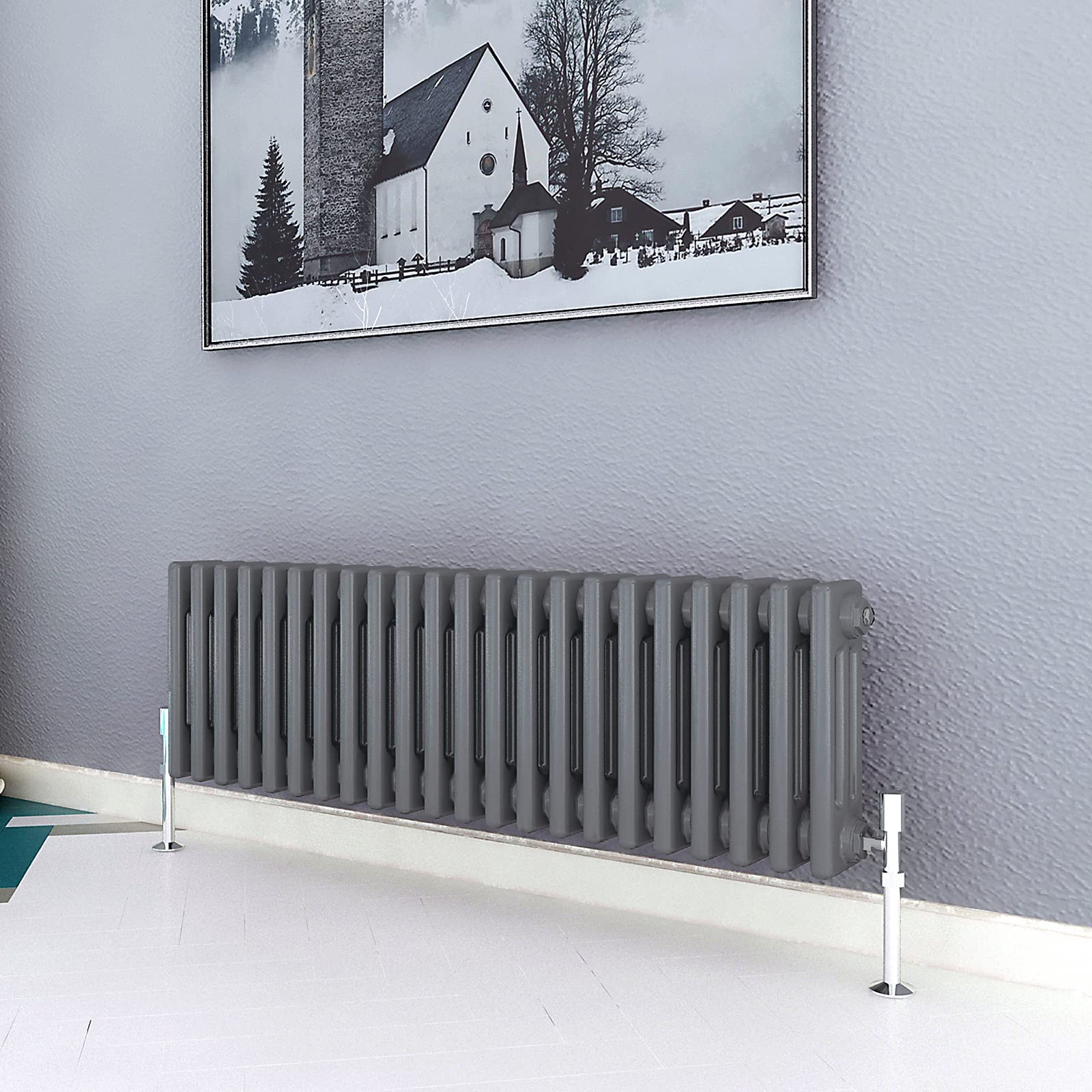 Acezanble∣3 Column Radiator, Horizontal 300mm Anthracite Wide Low Cast Iron Style Radiator Centre Heating for Window Hallway — image 1