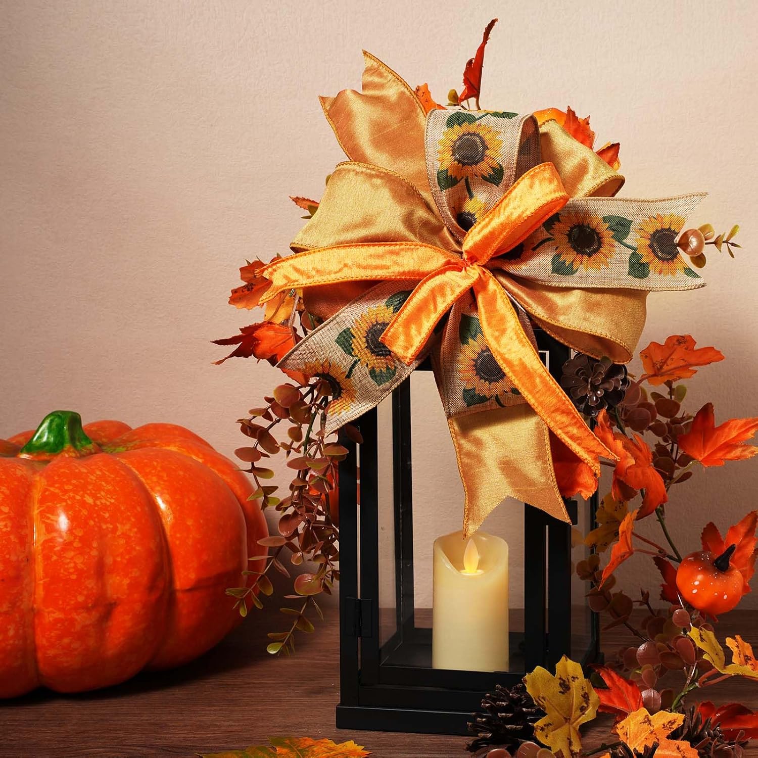 LaRibbons Fall Wired Ribbon 2.5" x 6 Yards 2 Rolls Sunflower Burlap & Dupioni Ribbon for Wreath Bow Making, Autumn Harvest Farmhouse Gift Wrapping Crafts